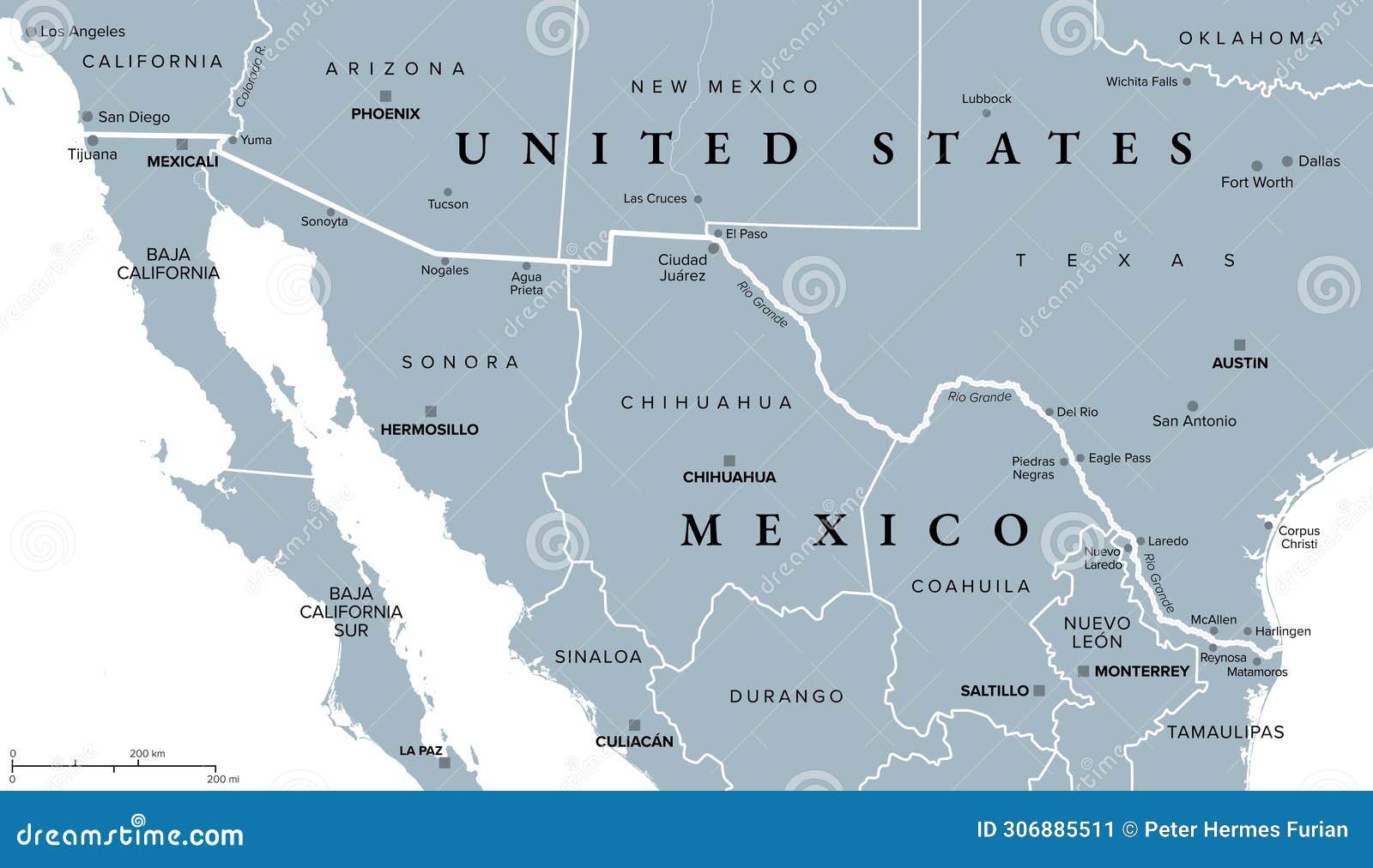 Mexico United States Border Gray Political Map Stock Vector Illustration Of Juarez Mexican 306885511