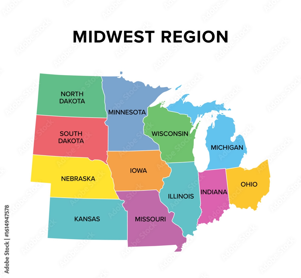 Midwest Region Of The United States Multi Colored Map Also Known As Midwestern United States The Heartland Or The American Midwest Geographic Region Of The USA Consisting Of 12 Contiguous States Stock