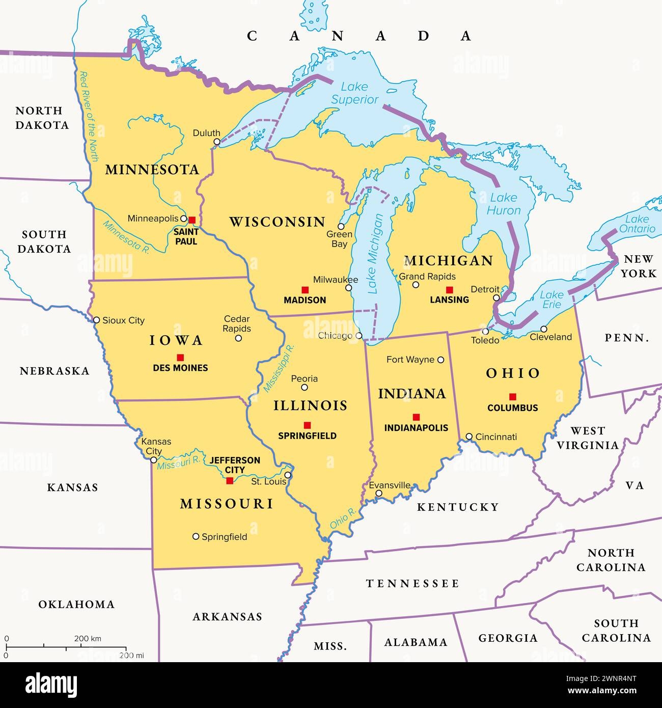 Midwest Region Of The United States Political Map Midwestern United States Or American Midwest A Geographic Region South Of The Great Lakes Stock Photo Alamy