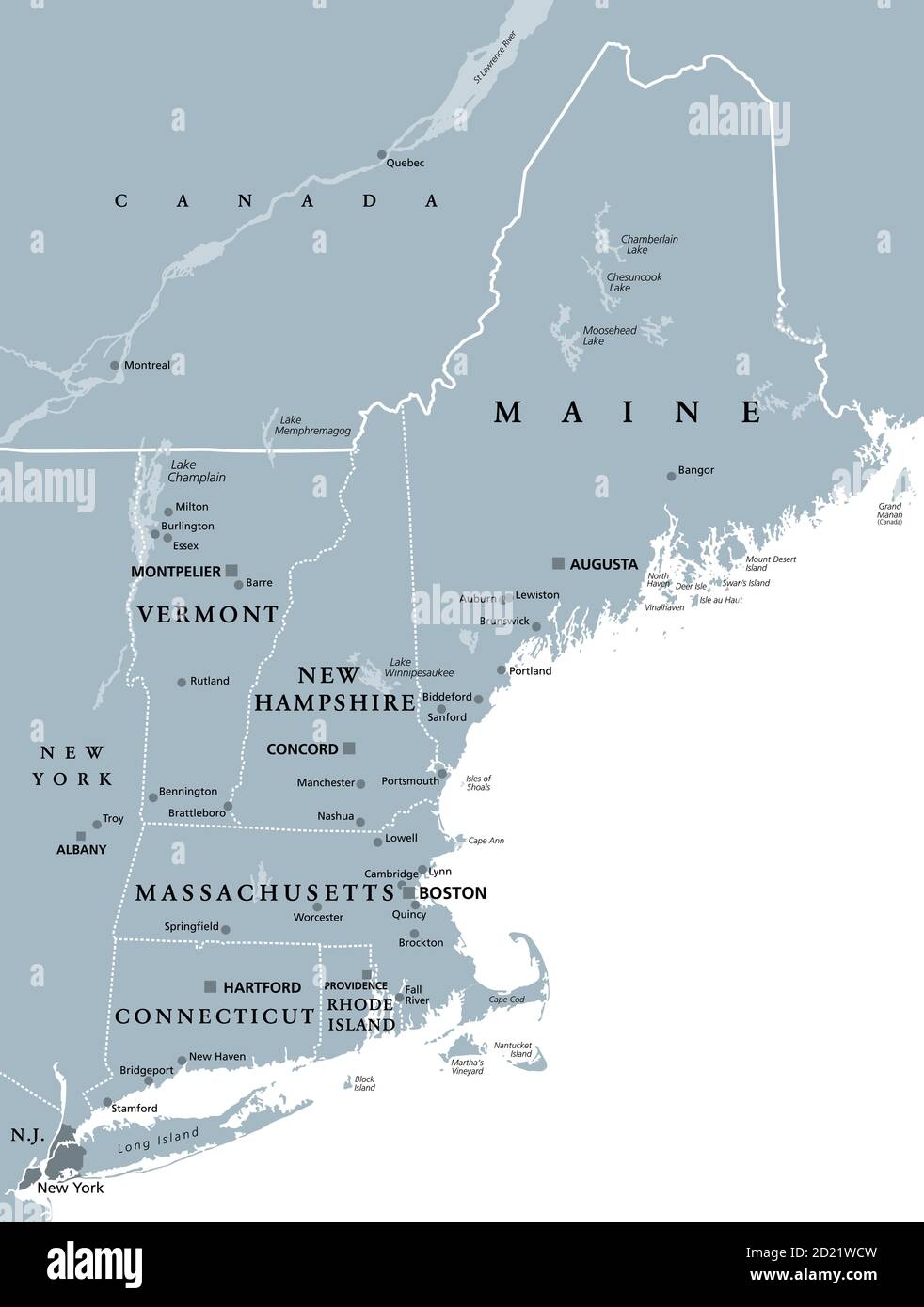 New England Region Of The United States Of America Gray Political Map Maine Vermont New Hampshire Massachusetts Rhode Island And Connecticut Stock Photo Alamy
