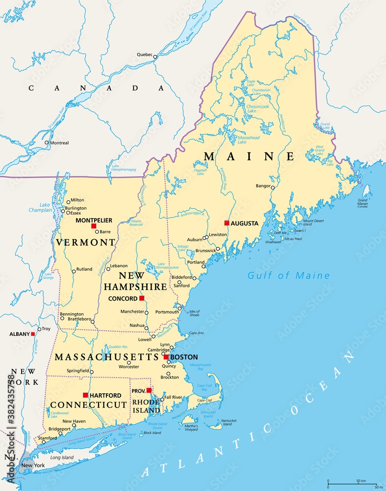 New England Region Of The United States Of America Political Map Maine Vermont New Hampshire Massachusetts Rhode Island And Connecticut With Their Capitals And Borders Illustration Vector Stock Vector Adobe Stock