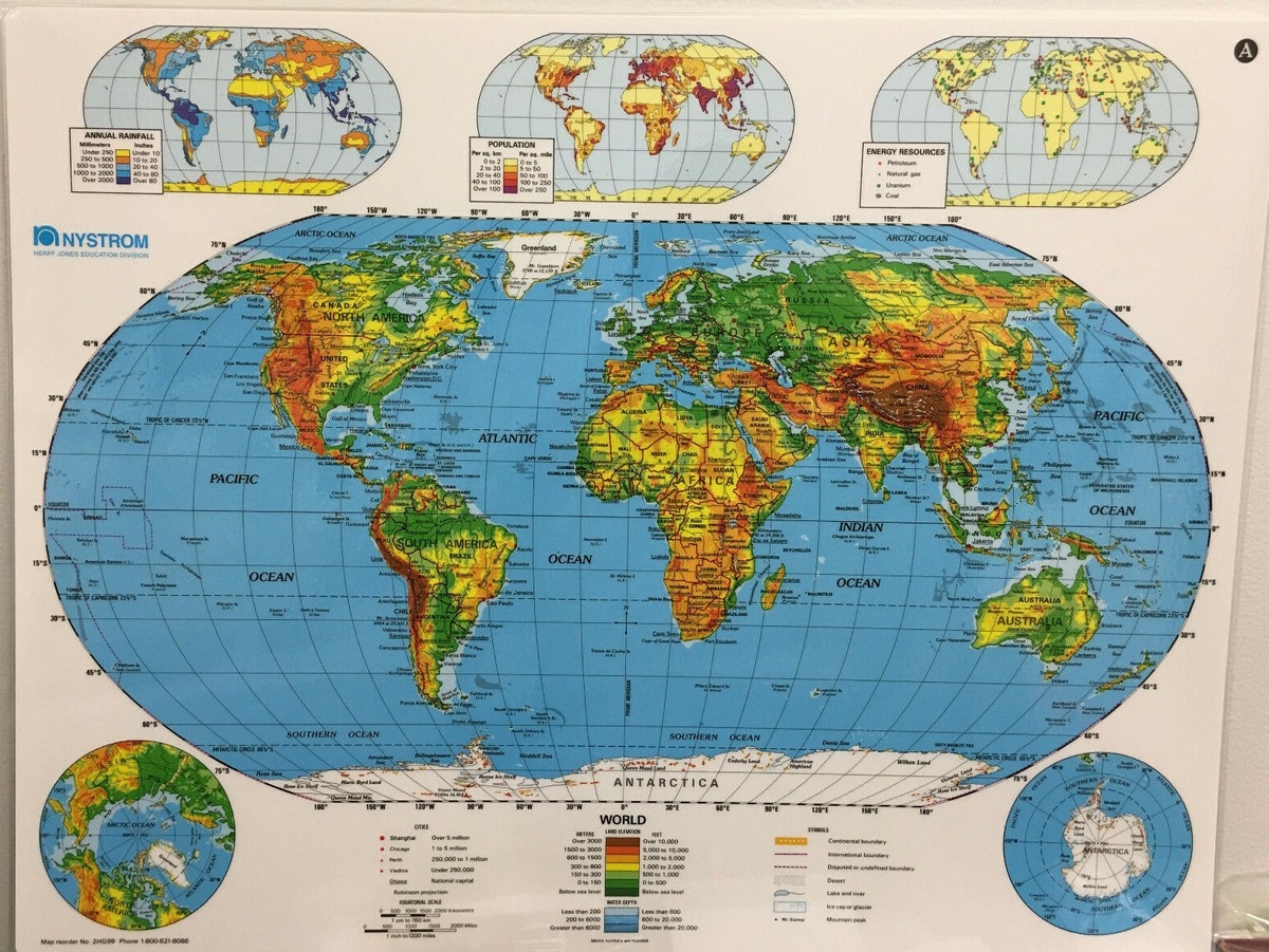 Nystrom Physical Landscape Laminated World Map 2 Sided 22 X 17 5 Very Clean EBay