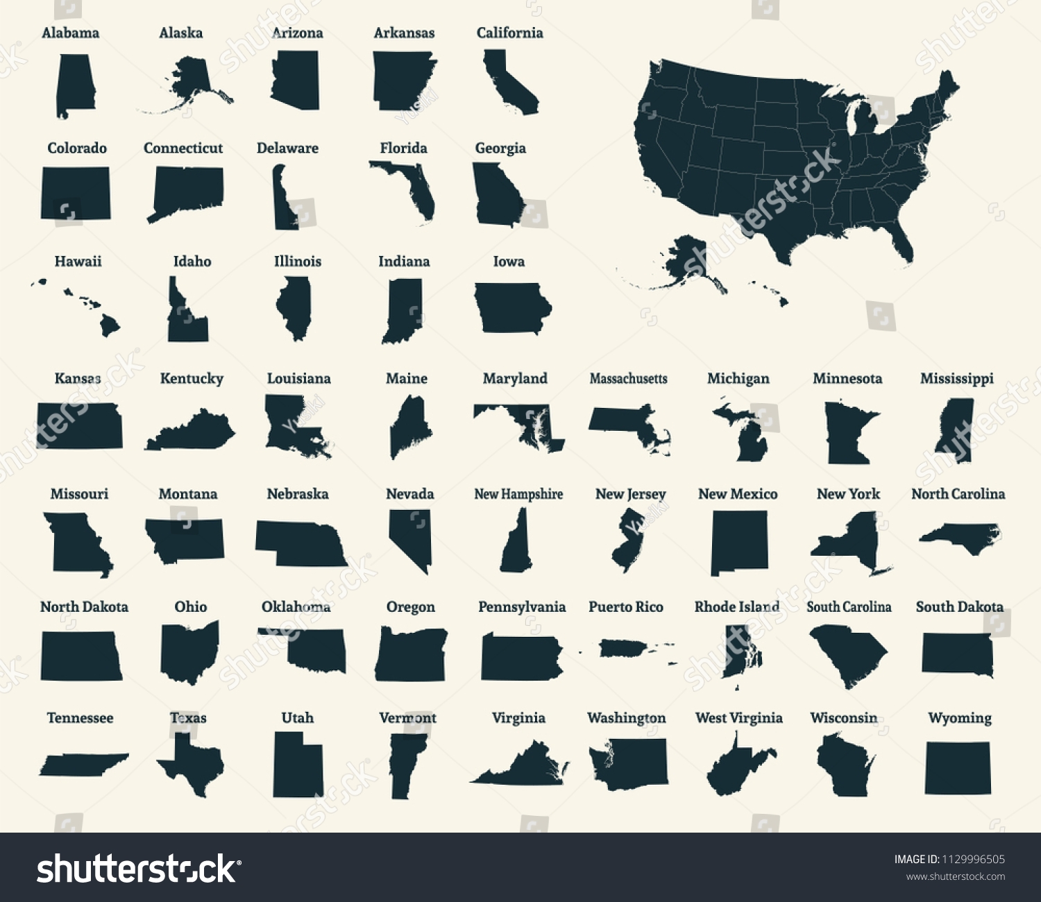 Outline Map United States America 50 Stock Vector Royalty Free 1129996505 Shutterstock
