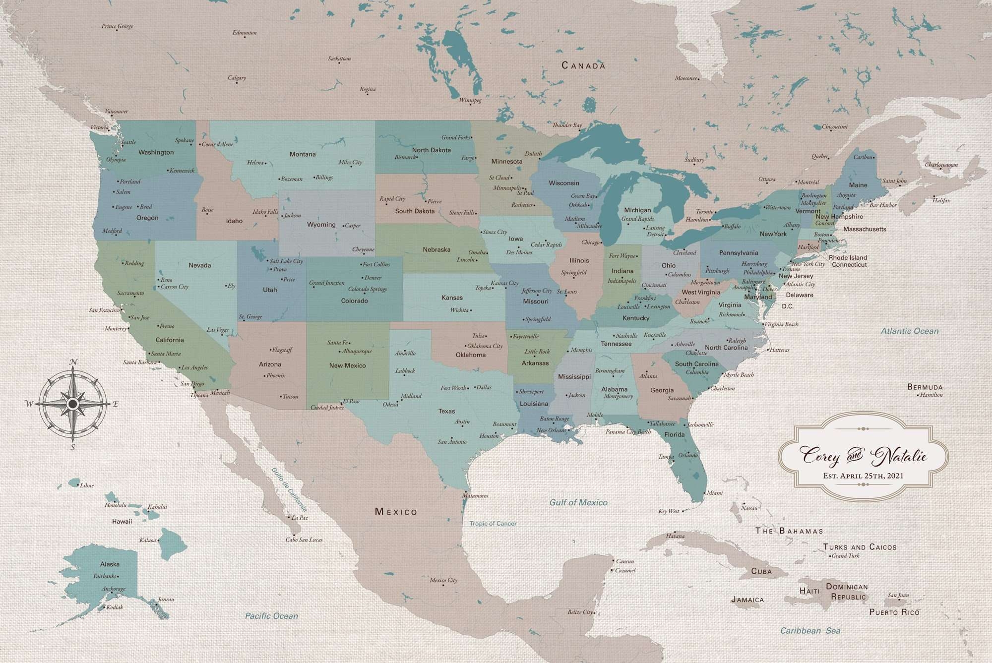 Personalized USA Push Pin Travel Map Cotton Canvas 24 X 36 