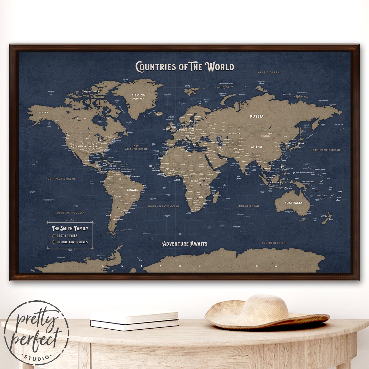 Personalized World Travel Map Push Pin Framed Canvas Wall Art Etsy