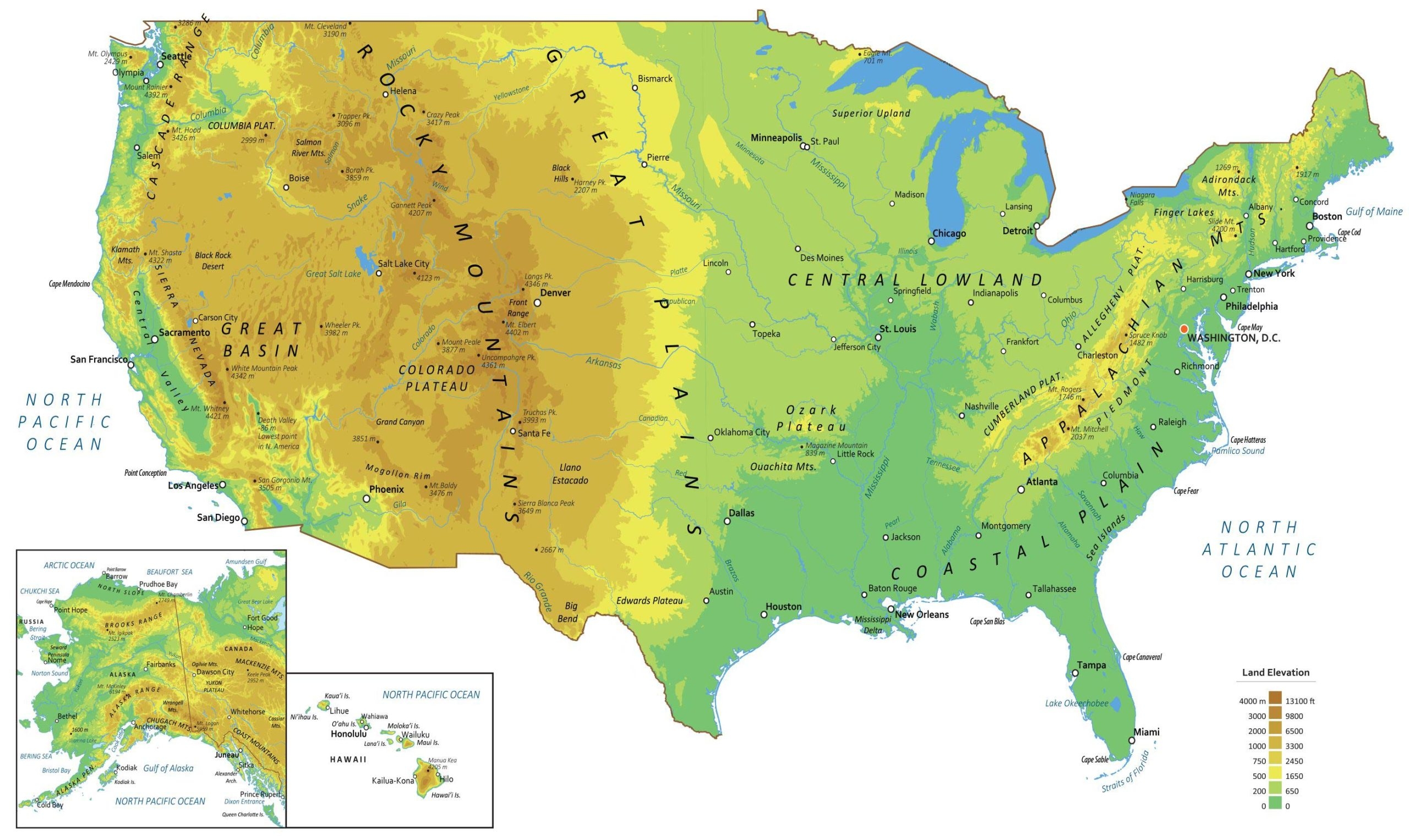 united states map with rivers and lakes