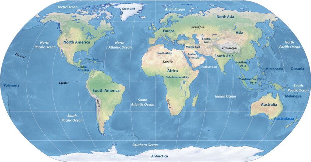 map of the world labeled continents and oceans - Free Printable Map