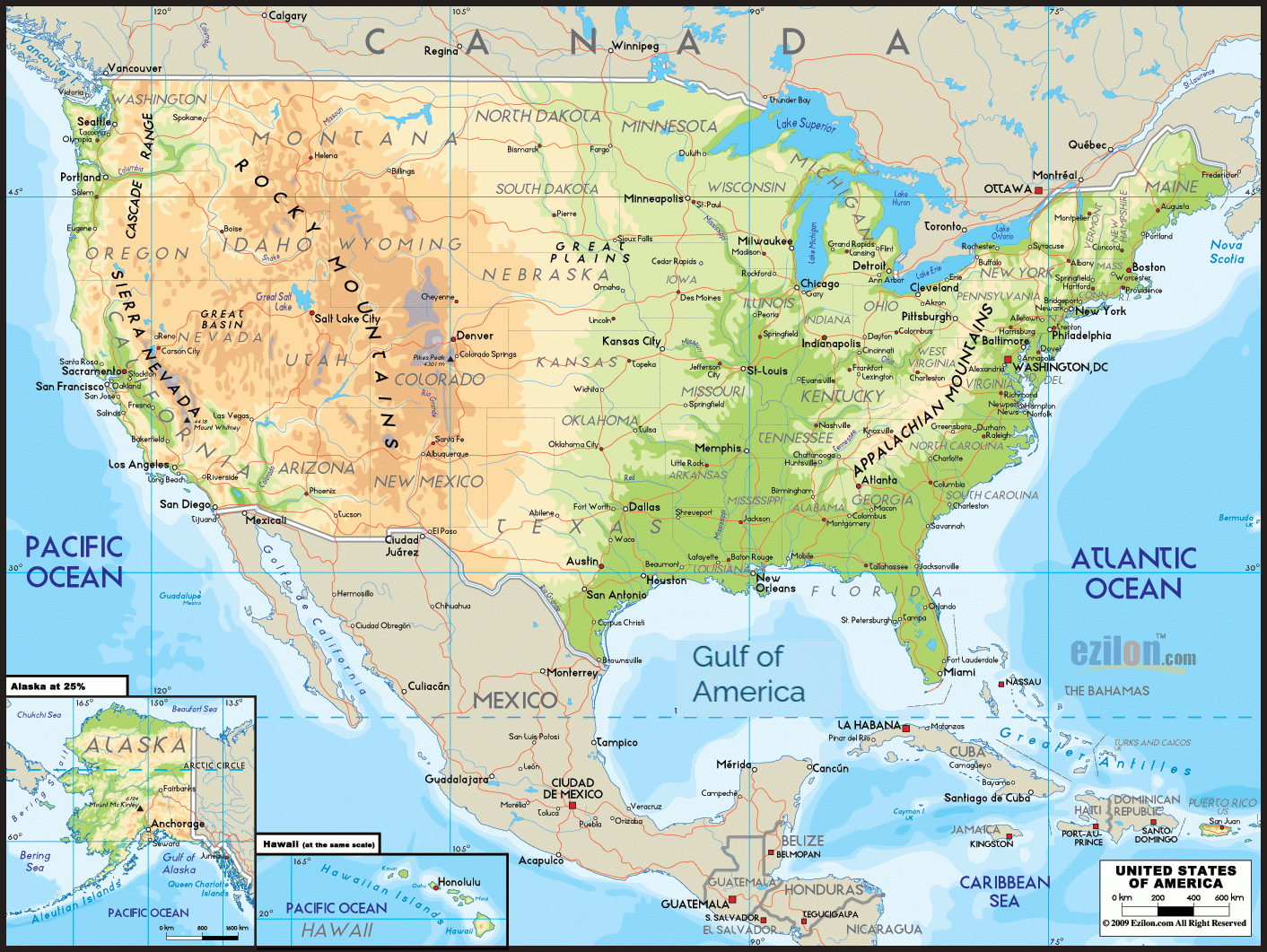 map of the united states with rivers and mountains