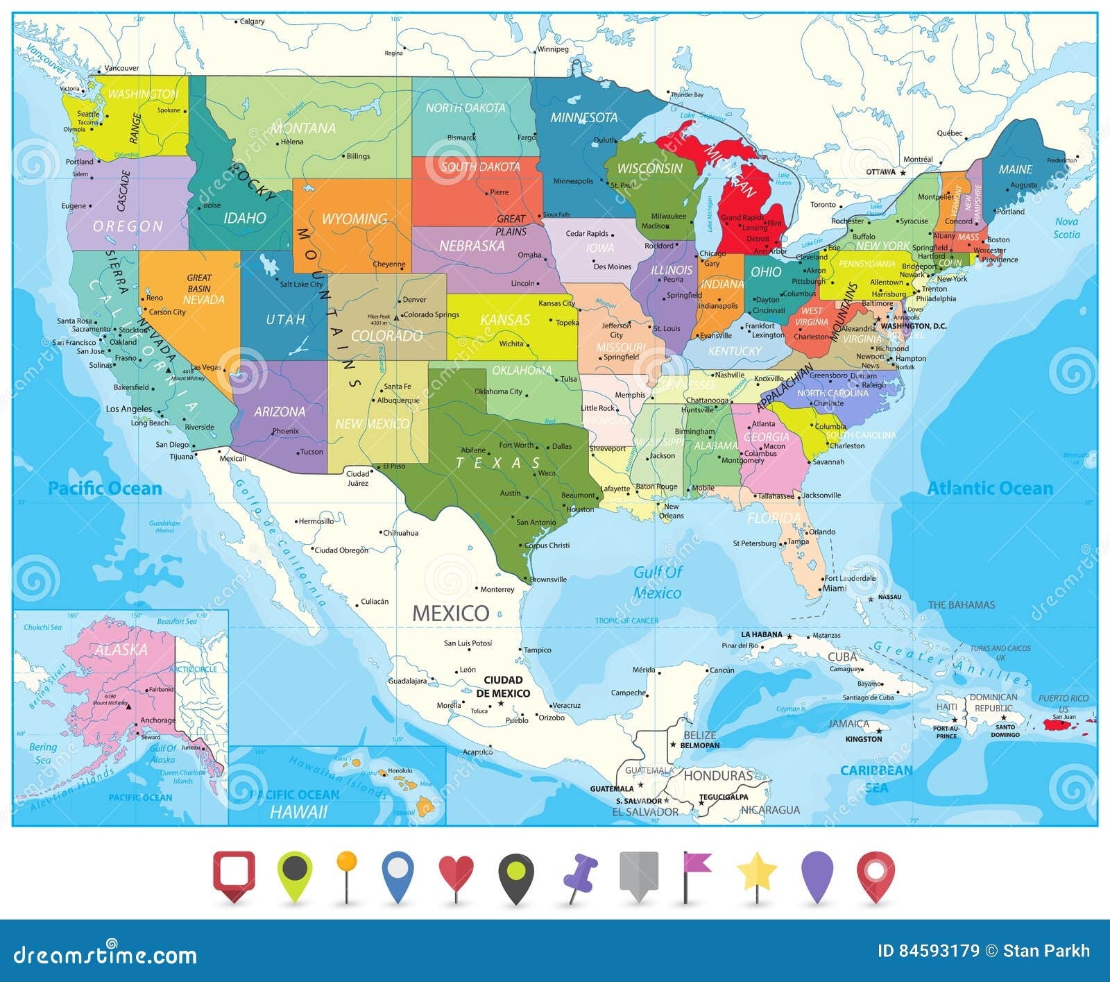 Political Map Of USA And Flat Map Pointers Stock Vector Illustration Of North Outline 84593179