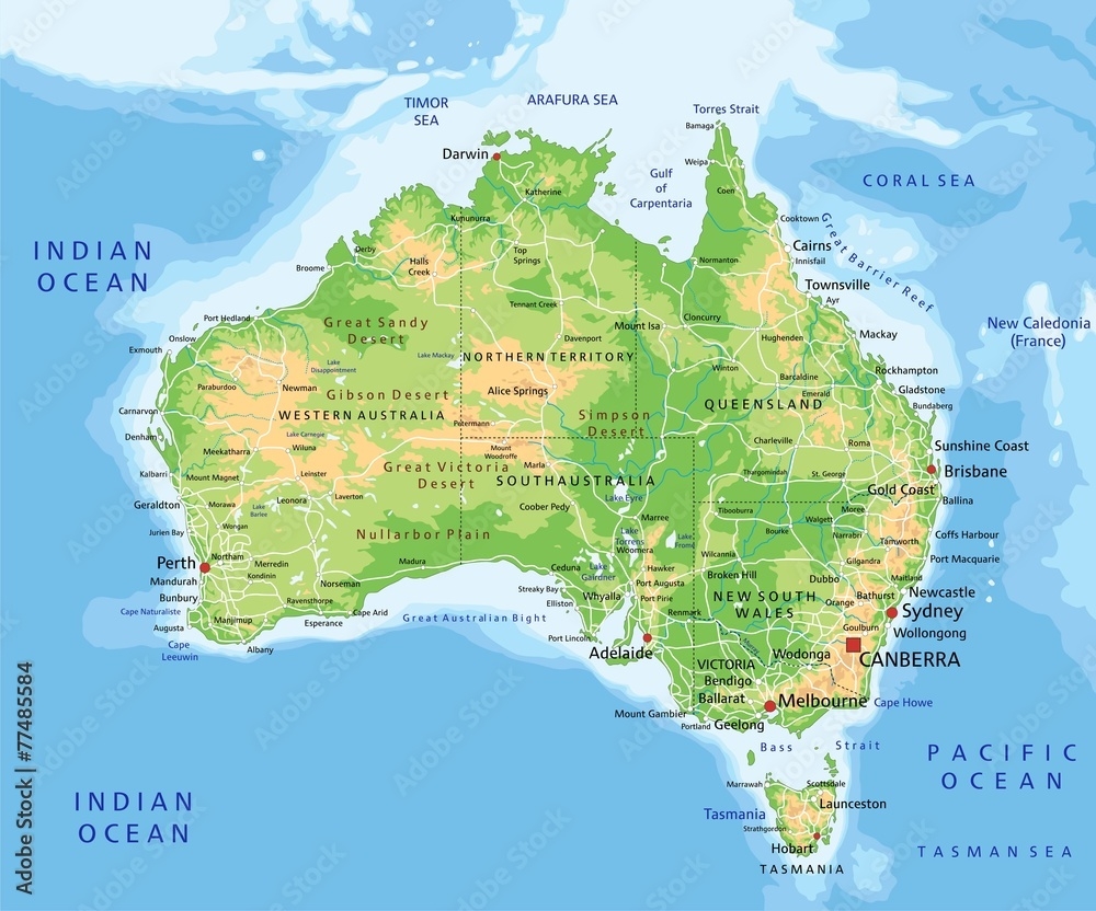 Poster High Detailed Australia Physical Map With Labeling Wall Art UkPosters