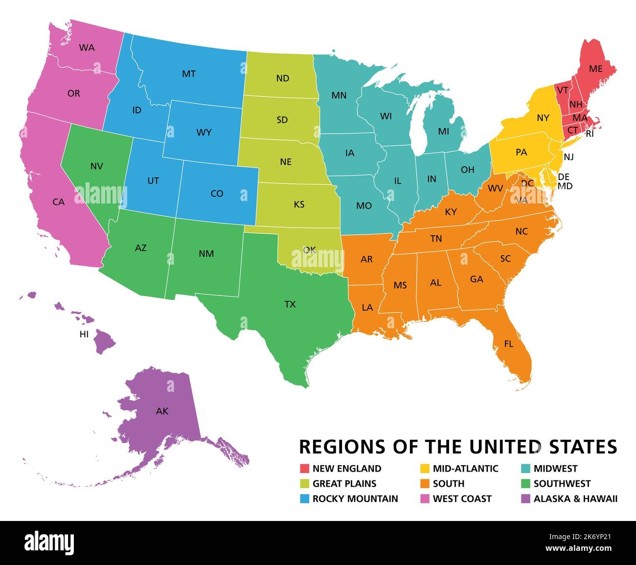 Regions Of The United States Map New England Great Plains Rocky Mountain Mid Atlantic South West Coast Midwest Southwest Alaska And Hawaii Stock Photo Alamy