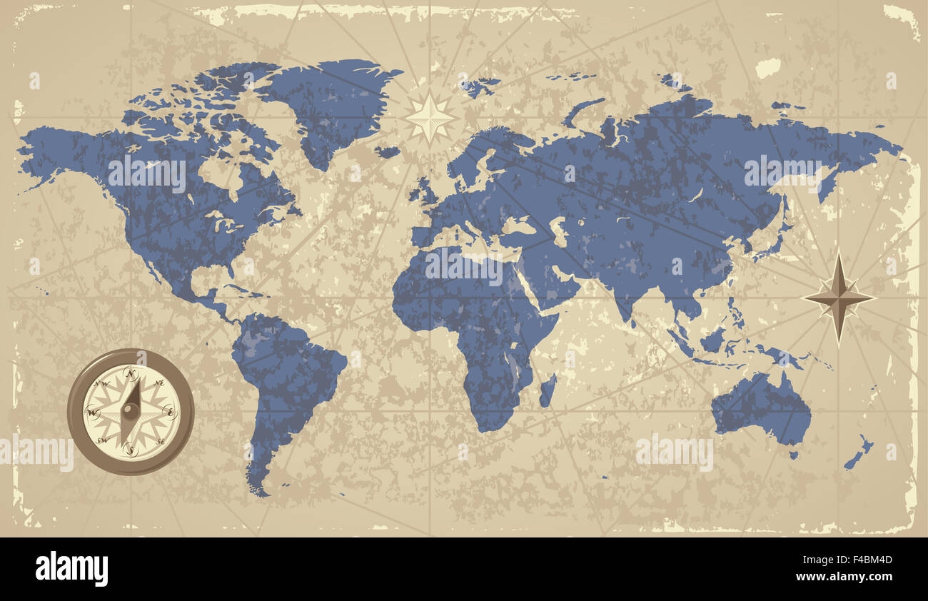 Retro styled World Map With Compass Stock Photo Alamy