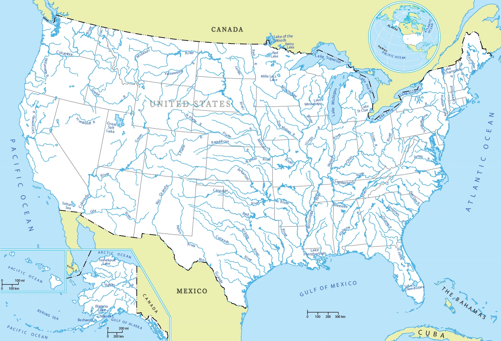 map of the united states with lakes and rivers