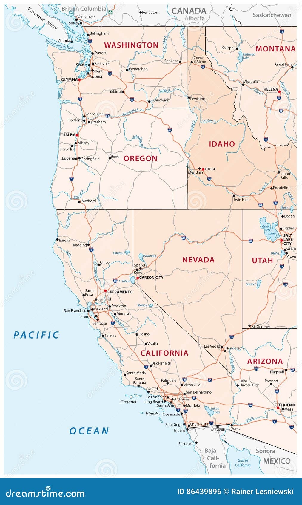 Roads Political And Administrative Map Of The Western United States Of America Stock Vector Illustration Of Mexico North 86439896