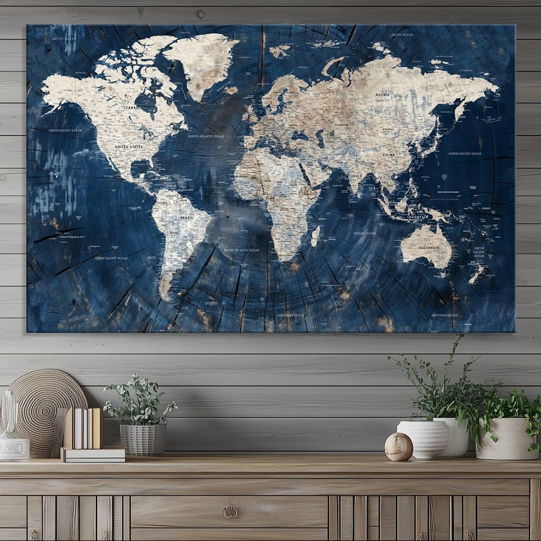 Rustic Blue World Map 3 panel Framed Wood Style Map Wall Art Ready to hang Map Art For Modern Living Room Office Decor Vintage World Map Etsy