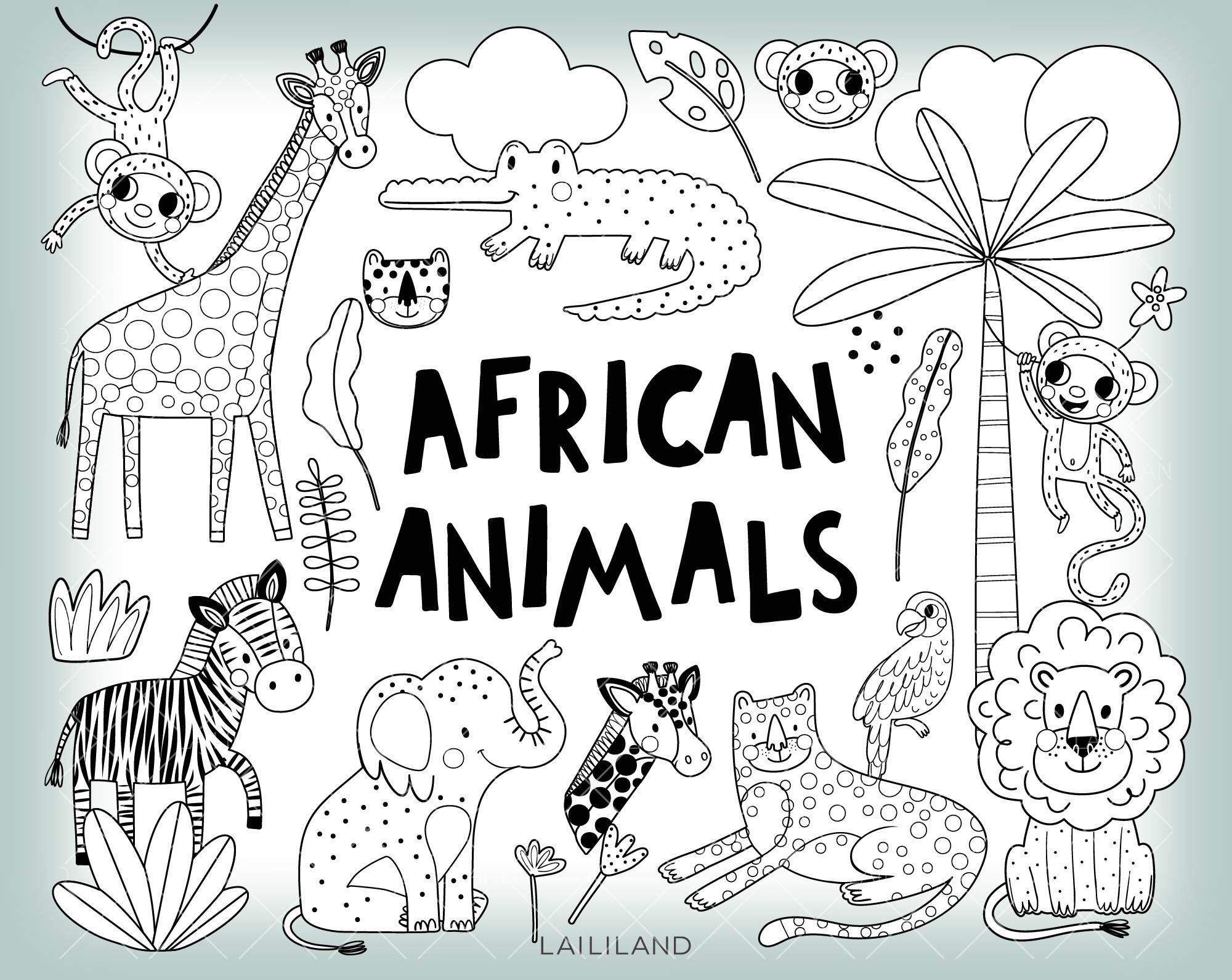 Safari Animal Doodle Clipart African Animals Line Art PNG SVG EPS digital Download Etsy