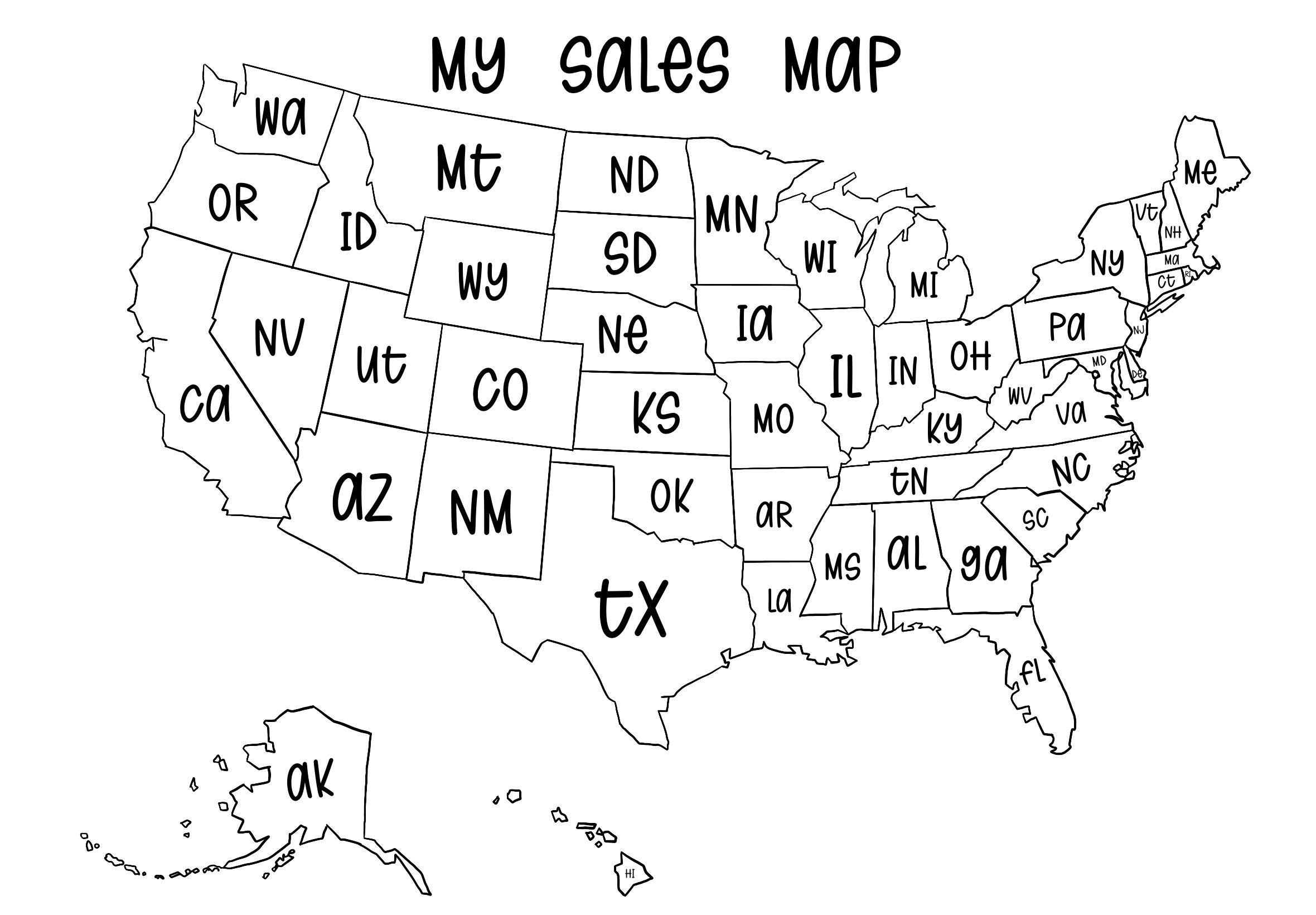 Sales Map Of United States With Abbreviations Digital Download Etsy Norway