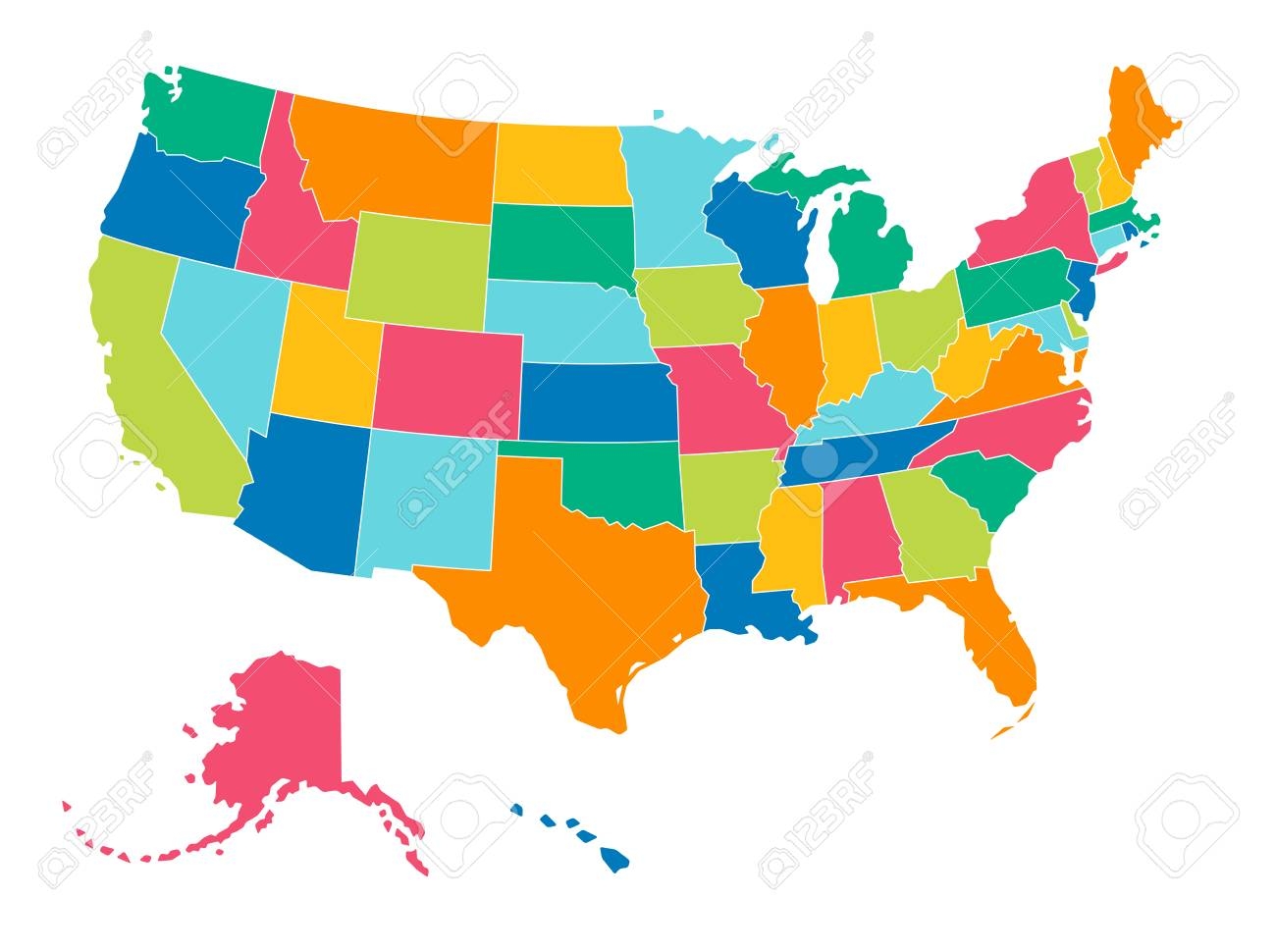 Simple Bright Colors Full Vector Political Map Of The United States Of America Isolated On White Background Royalty Free SVG Cliparts Vectors And Stock Illustration Image 118964169 