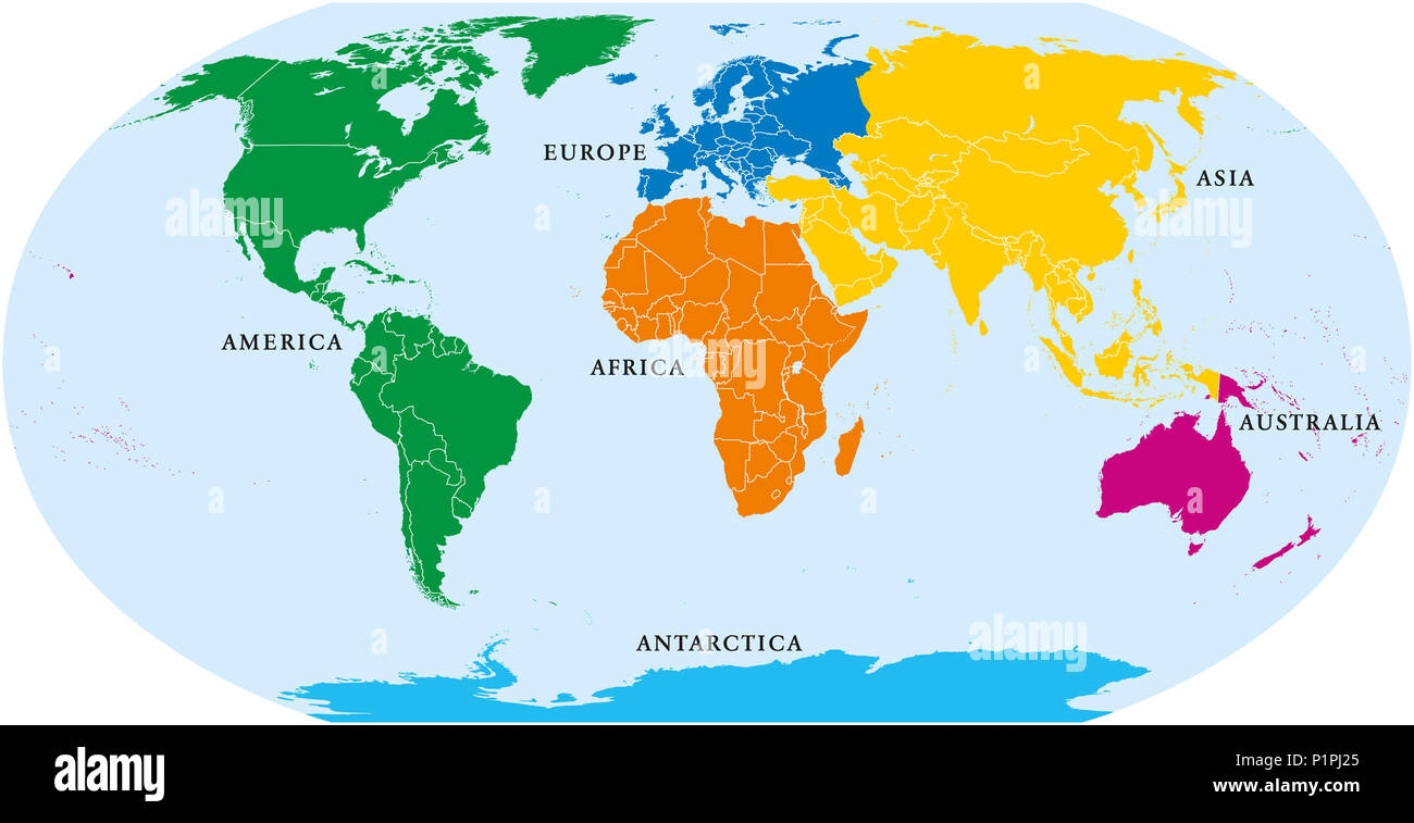 Six Continents World Political Map America Africa Antarctica Asia Australia And Europe With Shorelines And Borders Robinson Projection Stock Photo Alamy