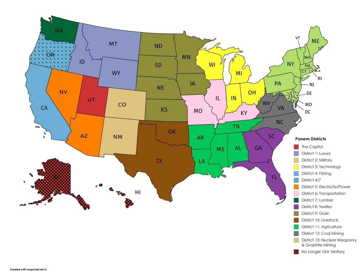 So If Anyone Is Wondering What District They Live In this Map Was Created With Info From The Hunger Games BOOKS And Real Life Data Alaska And Hawaii Are No Longer Part Of So If Anyone Is Wondering What District They Live In this Map Was Created With Info From The Hunger Games BOOKS And Real Life Data Alaska And Hawaii Are No Longer Part Of