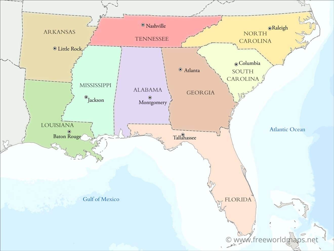 Southeastern US Political Map By Freeworldmaps
