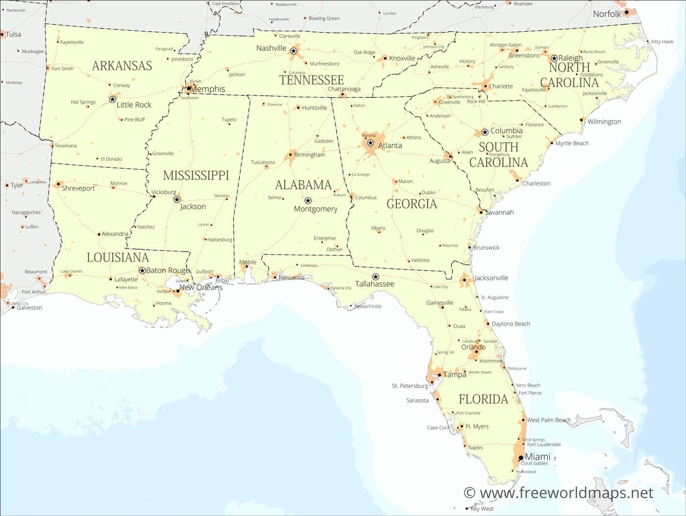 map of the southeast united states with capitals