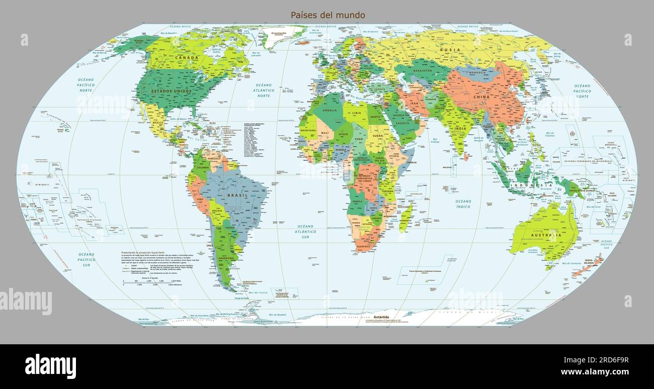 Spanish Language Map Of The World Equal Earth Projection Stock Vector Image Art Alamy
