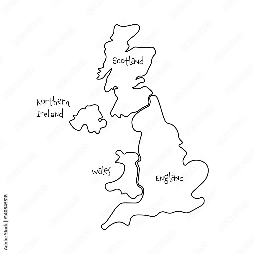 Stockvector United Kingdom Aka UK Of Great Britain And Northern Ireland Hand drawn Blank Map Divided To Four Countries England Wales Scotland And NI Simple Flat Vector Illustration Adobe Stock