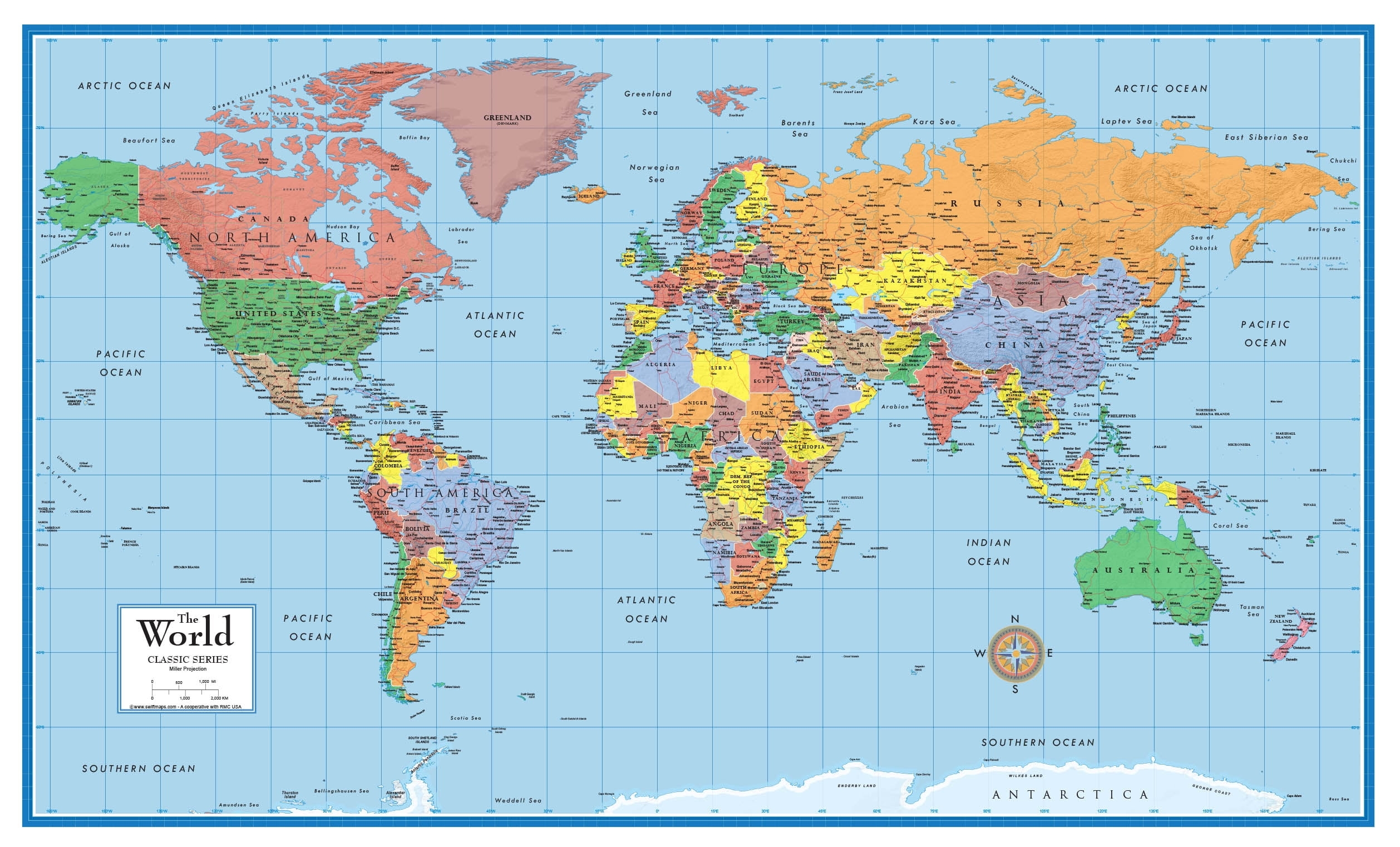 Swiftmaps 48x78 Large Classic Elite World Wall Map Poster Laminated Walmart Business Supplies