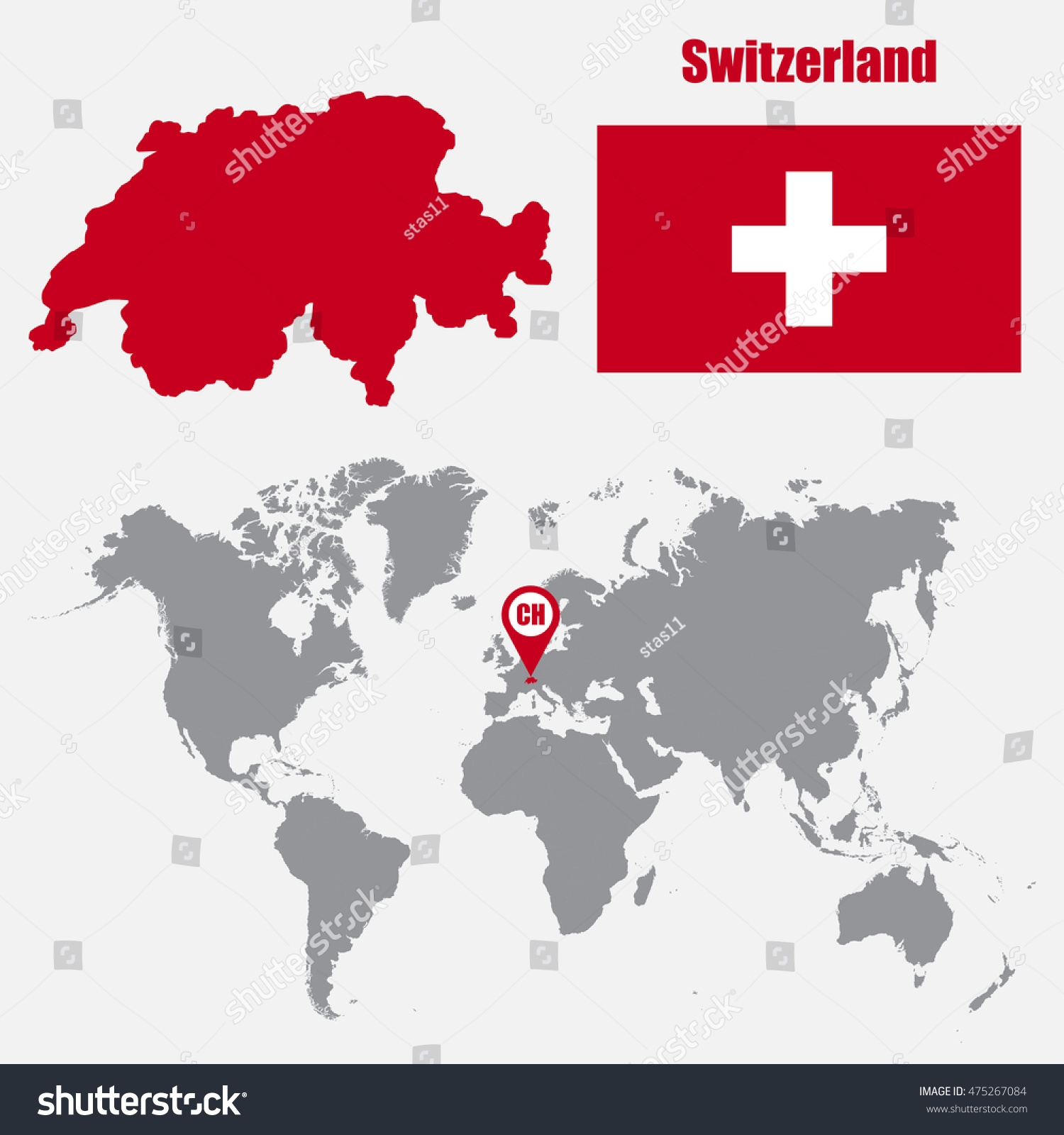 Switzerland Map On World Map Flag Stock Vector Royalty Free 475267084 Shutterstock