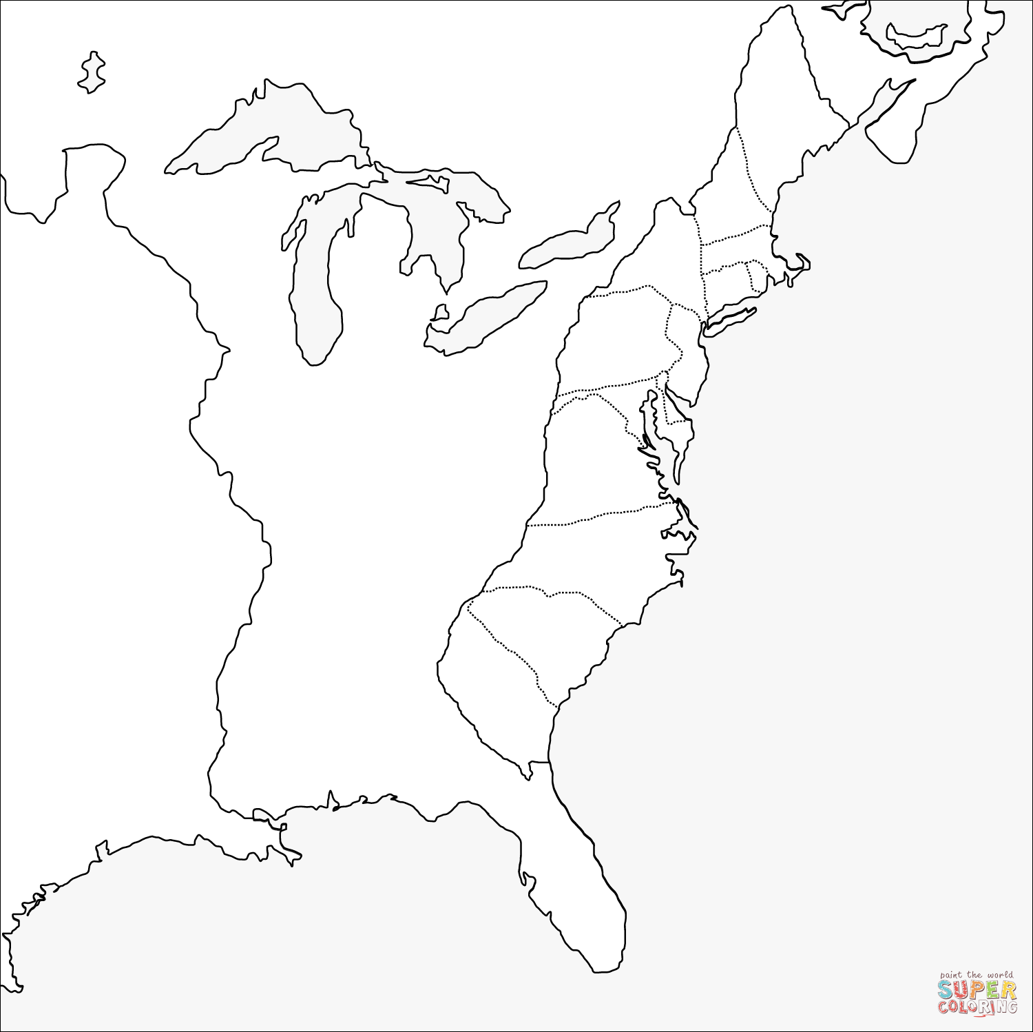 Thirteen Colonies Blank Map Coloring Page Free Printable