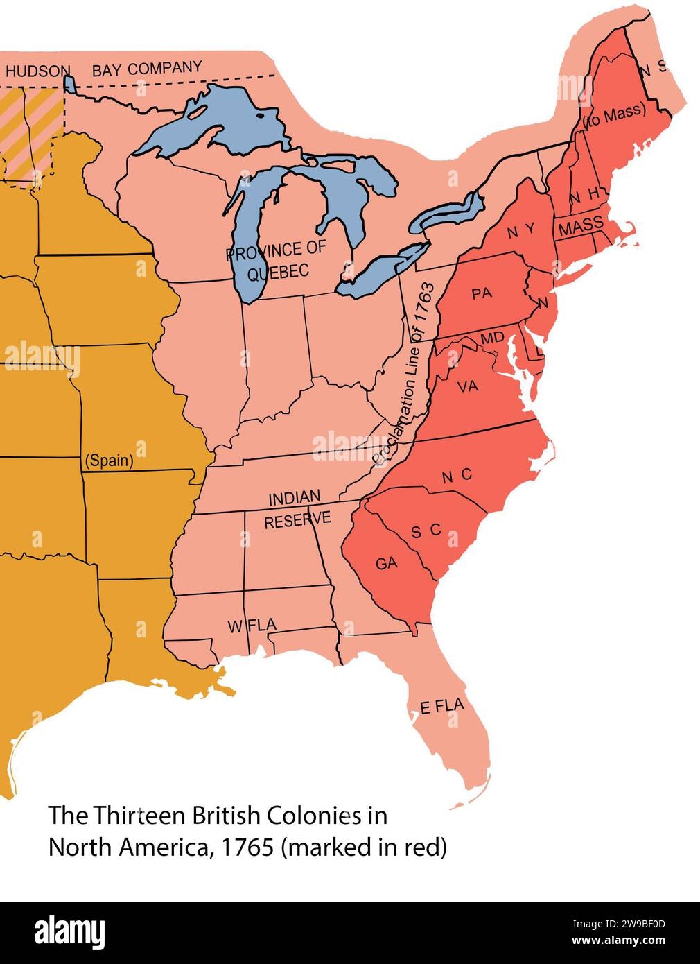 Thirteen Colonies Map Of The 13 British Colonies In North America 1765 marked In Red With Modern Borders Overlaid Stock Photo Alamy
