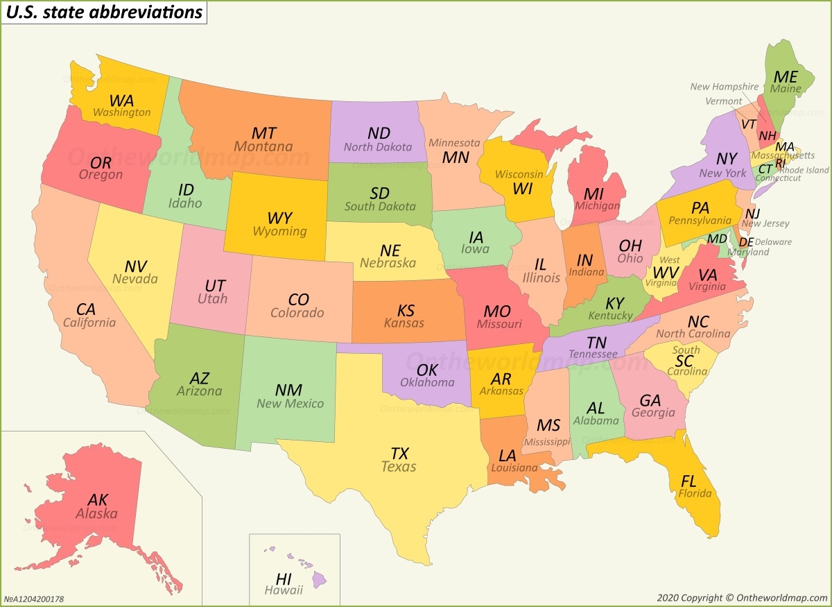 U S State Abbreviations Map Ontheworldmap
