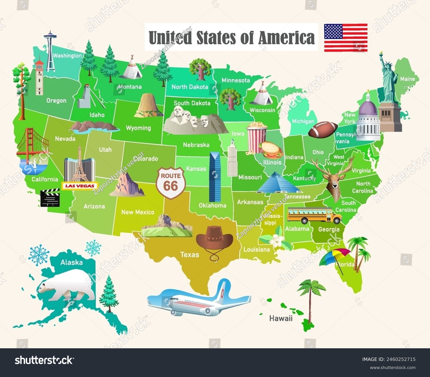 United States America Tourist Map Attractions Stock Vector Royalty Free 2460252715 Shutterstock