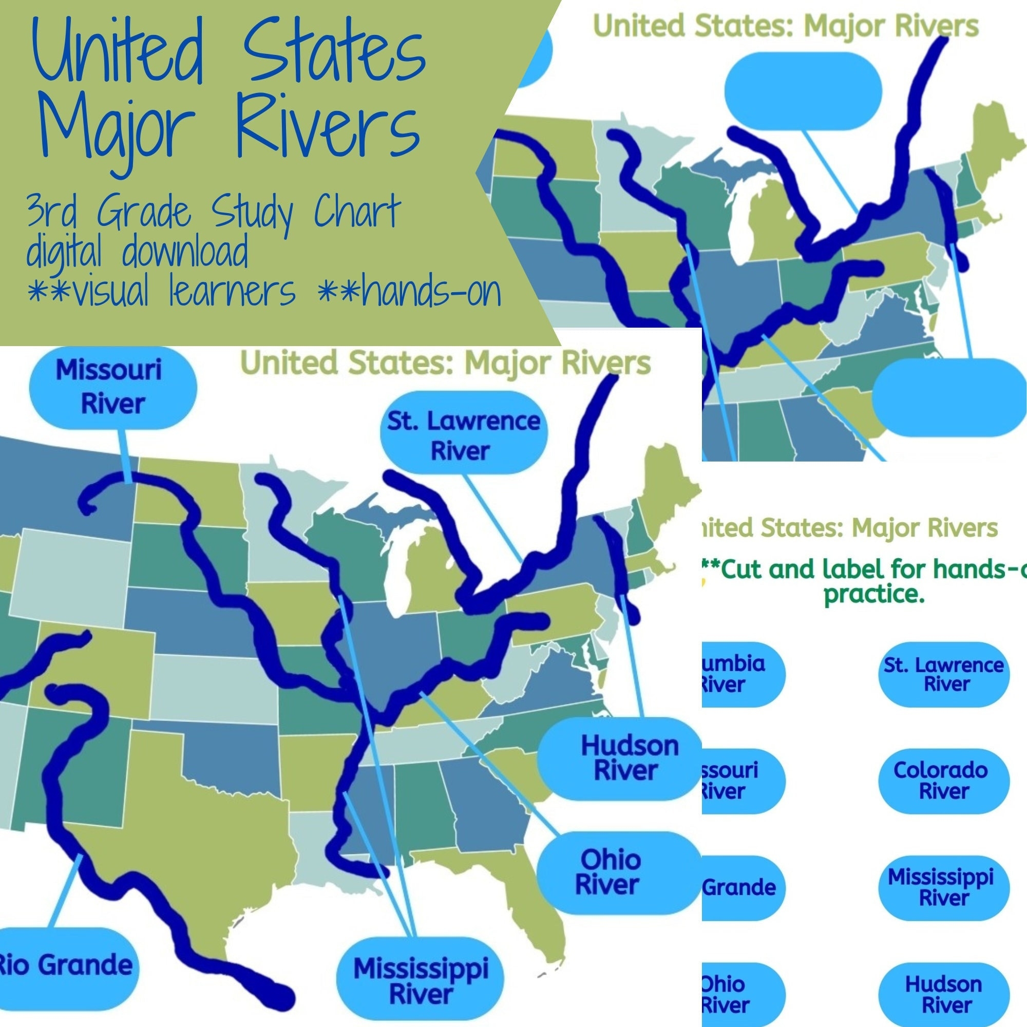 United States Major Rivers Study Chart 3rd Grade Digital Download PDF Etsy