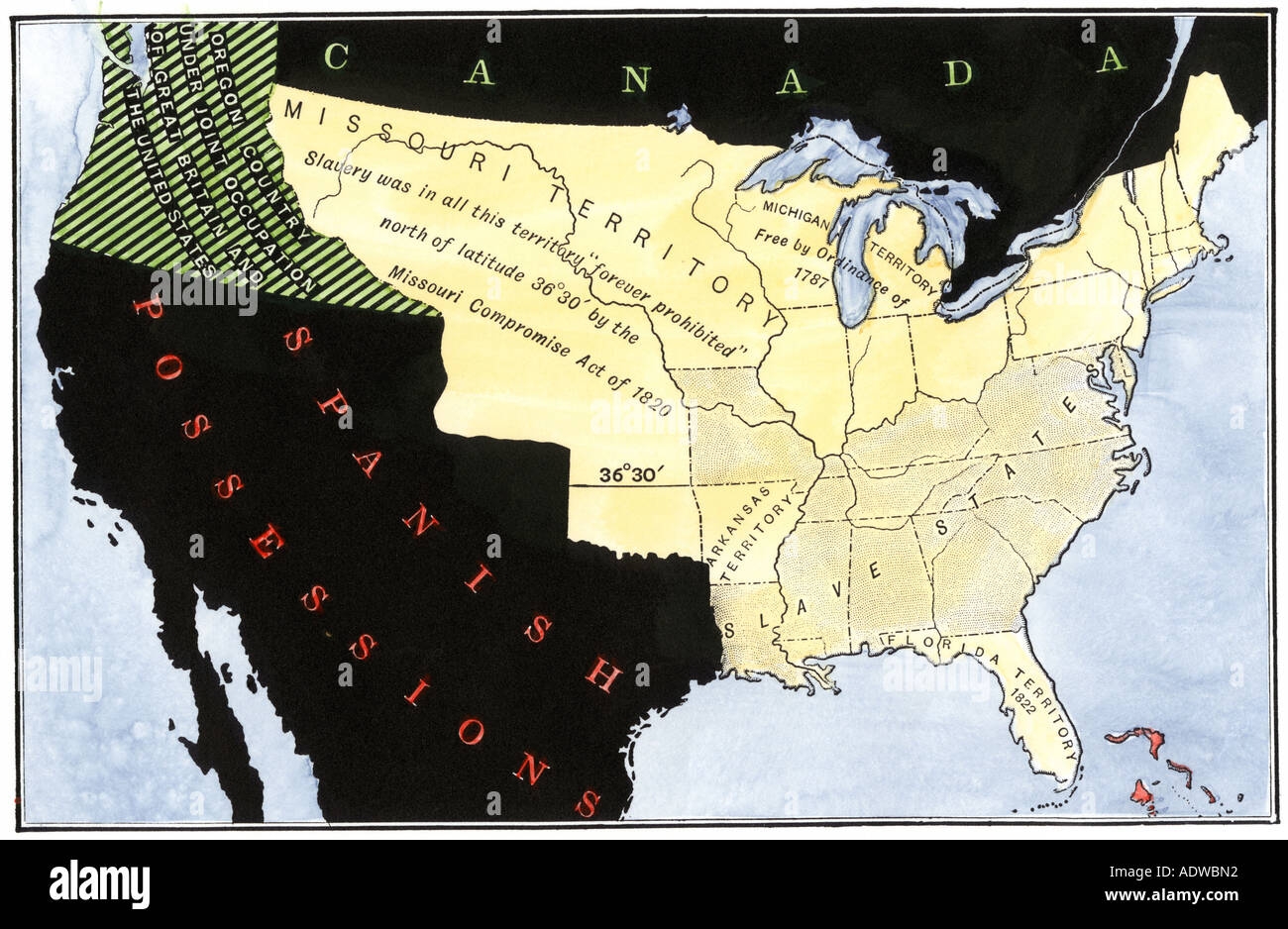 United States Map Showing Extension Of Slavery Resulting From The Missouri Compromise Act In 1820 Hand colored Woodcut Stock Photo Alamy