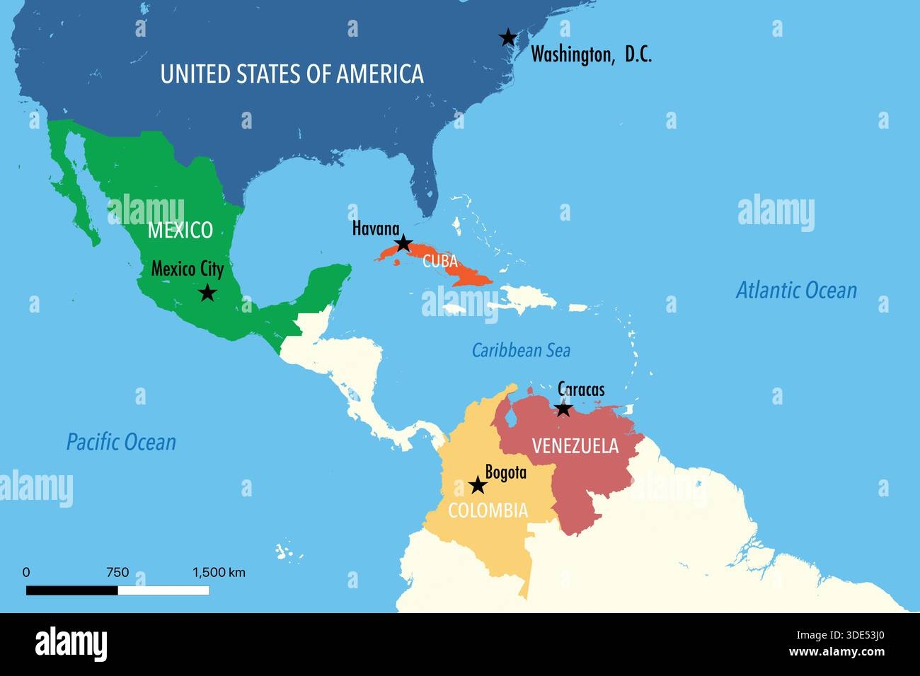 United States Map With Venezuela Mexico Cuba And Colombia Highlighting Geopolitical Relations Stock Vector Image Art Alamy