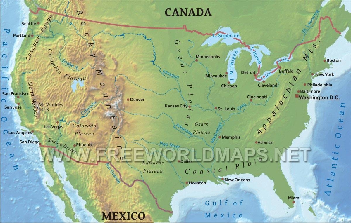 united states canada physical map