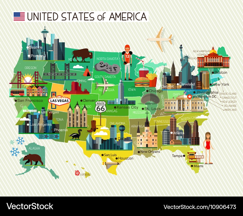 United States Travel Map With Icons Royalty Free Vector VectorStock