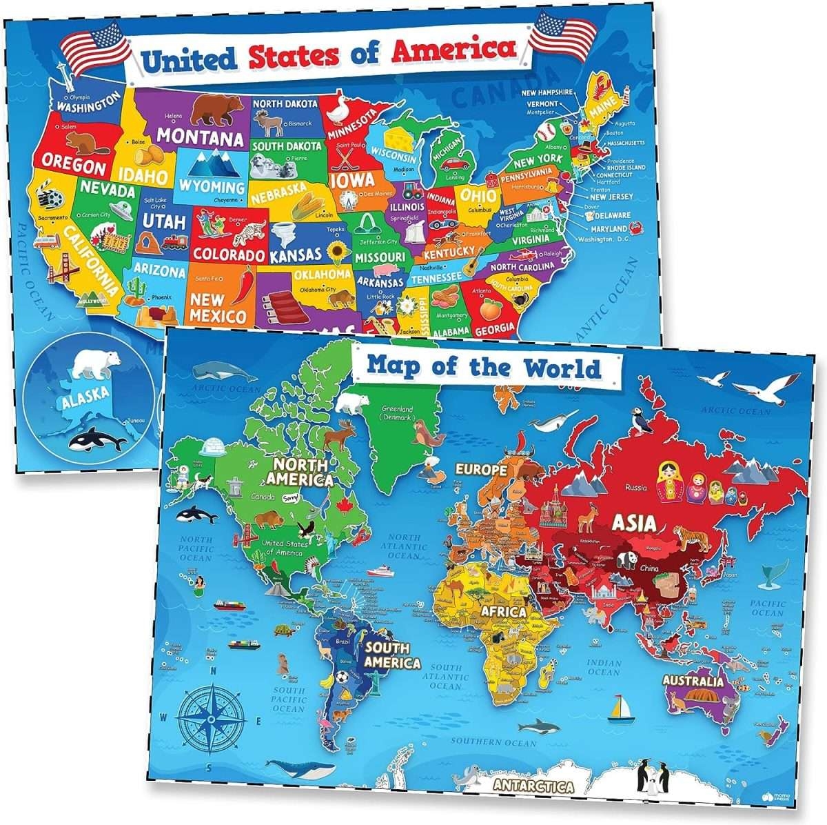 United States World Map Poster For Kids 2 Pc 24 X 16 Inch Waterproof USA
