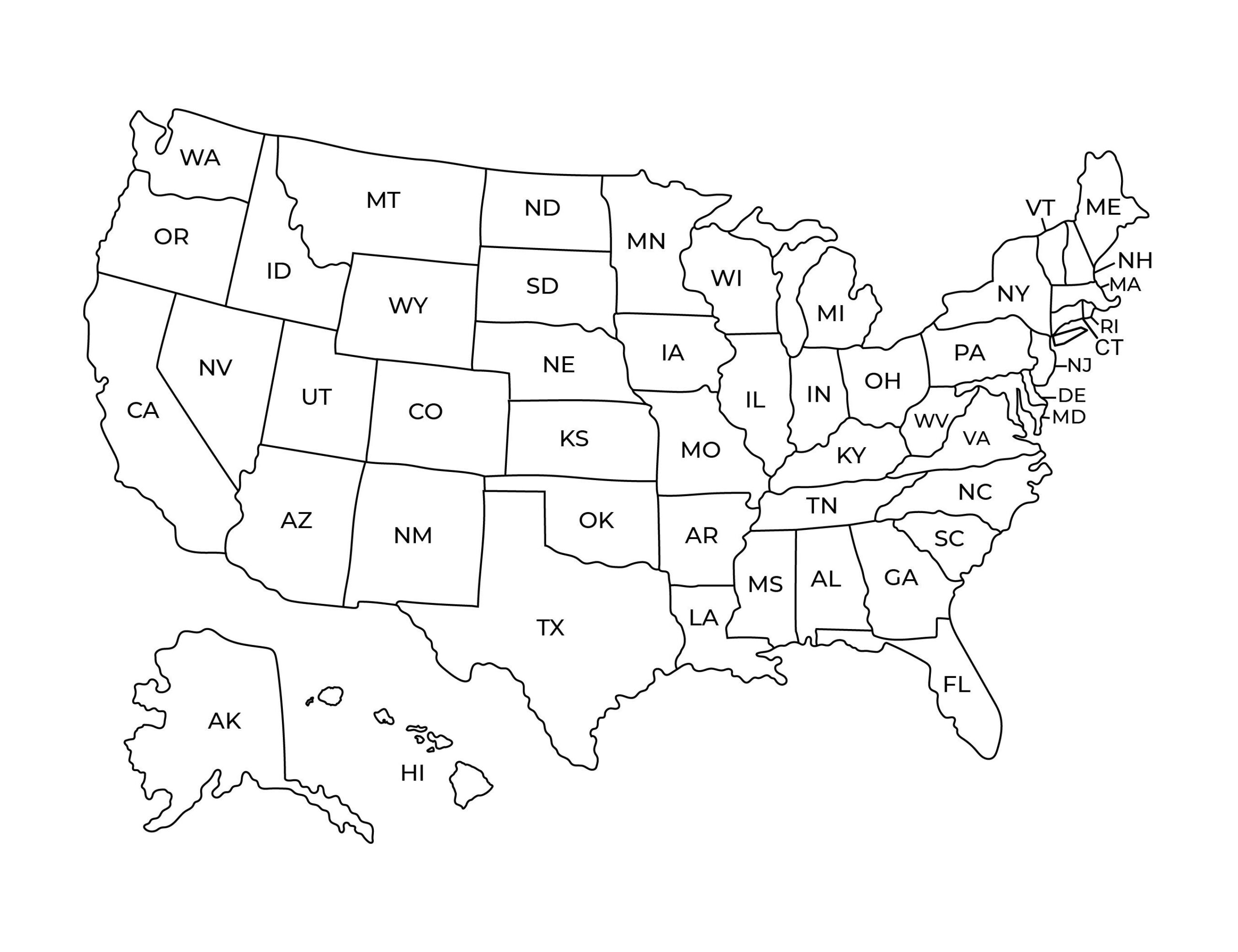 US Map Image Of United States Black And White North America Outline Map Printable With State Names Etsy