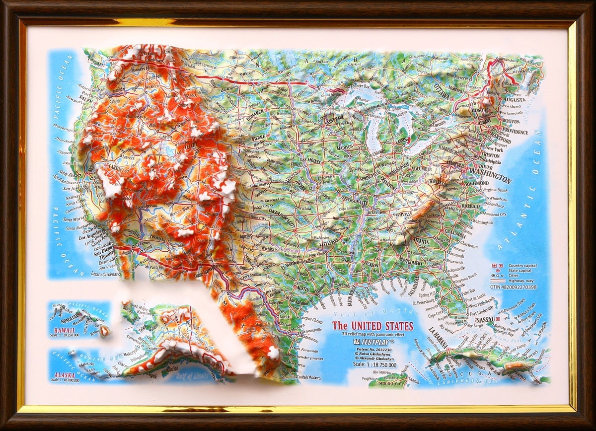 US Raised Relief Map 12 X 9 Etsy