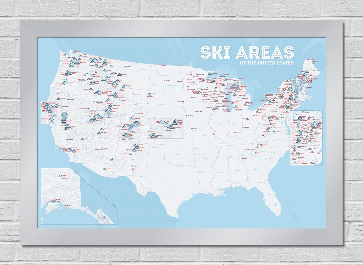 US Ski Resorts Map 24x36 Poster White Light Blue Silver Frame Amazon in Office Products