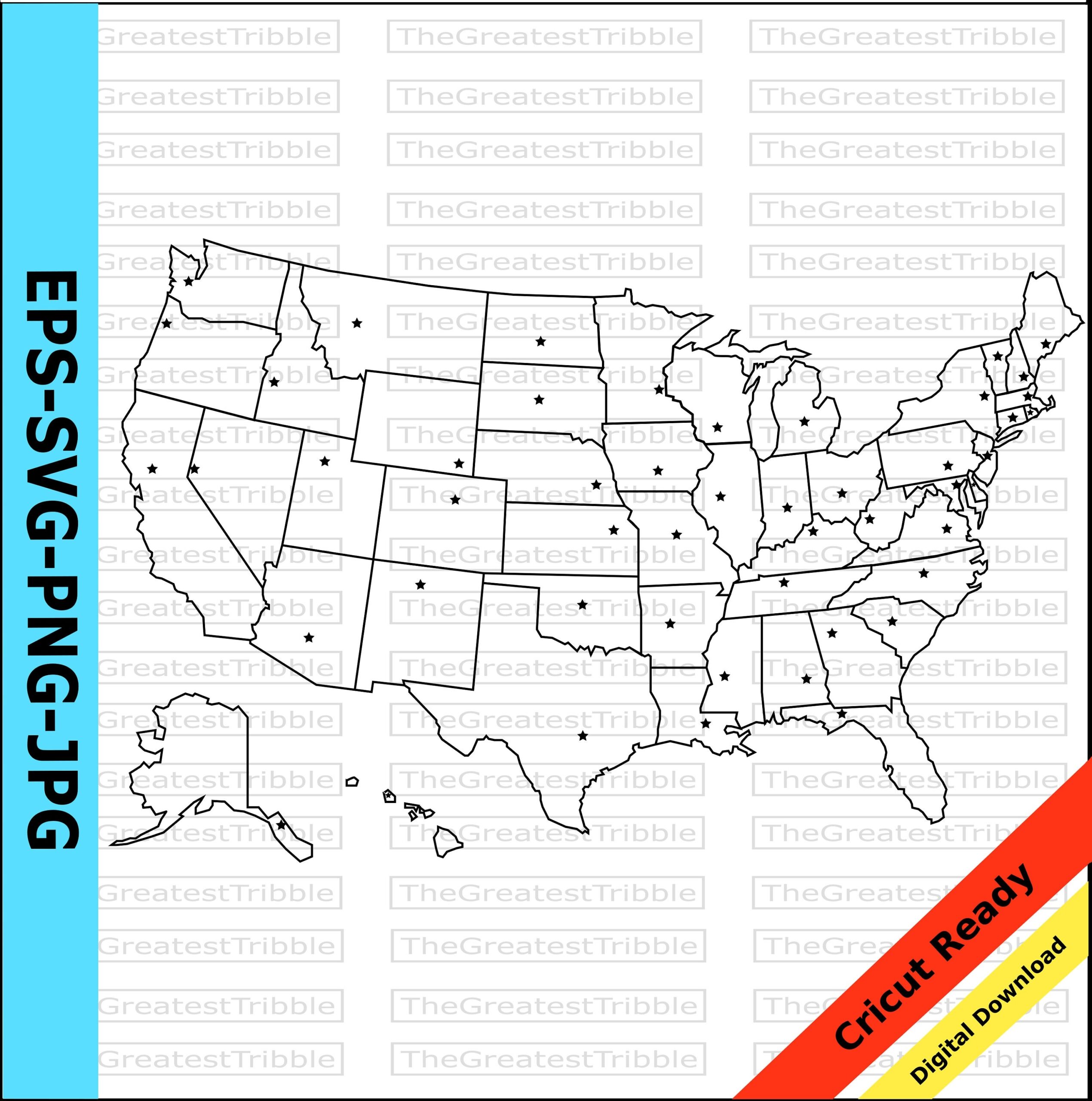 US States Map With State Capitals Eps Svg Png Jpg Vector Graphic Clip Art Silhouette Outline US Map Alaska Hawaii State Capitals Etsy