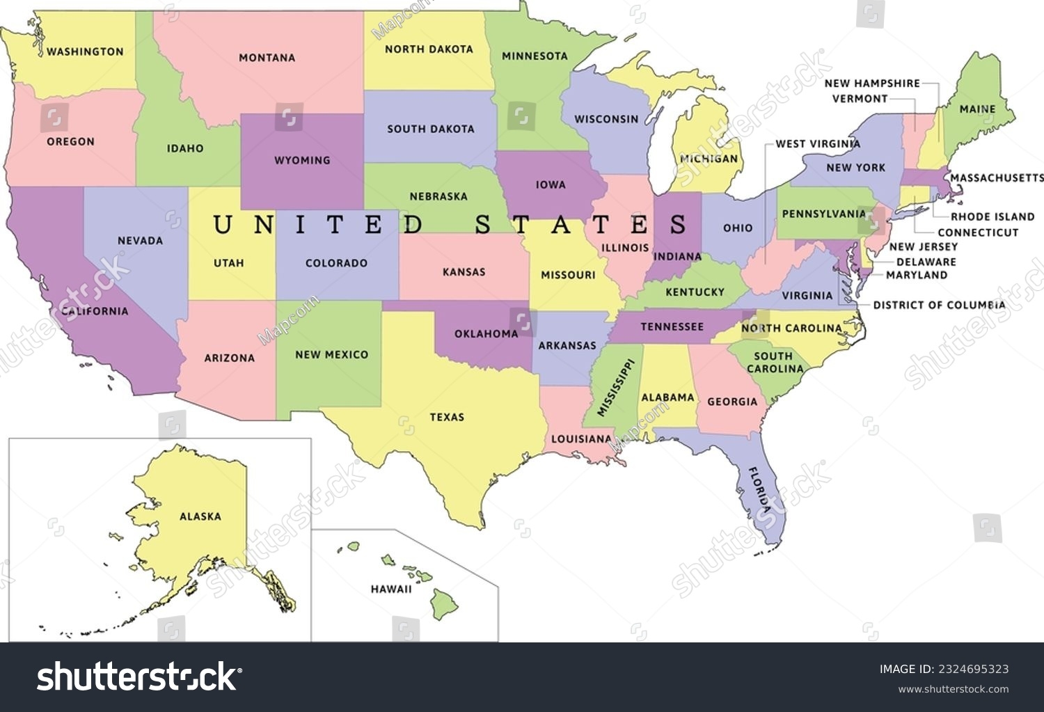 Usa Administrative Map States District Columbia Stock Vector Royalty Free 2324695323 Shutterstock