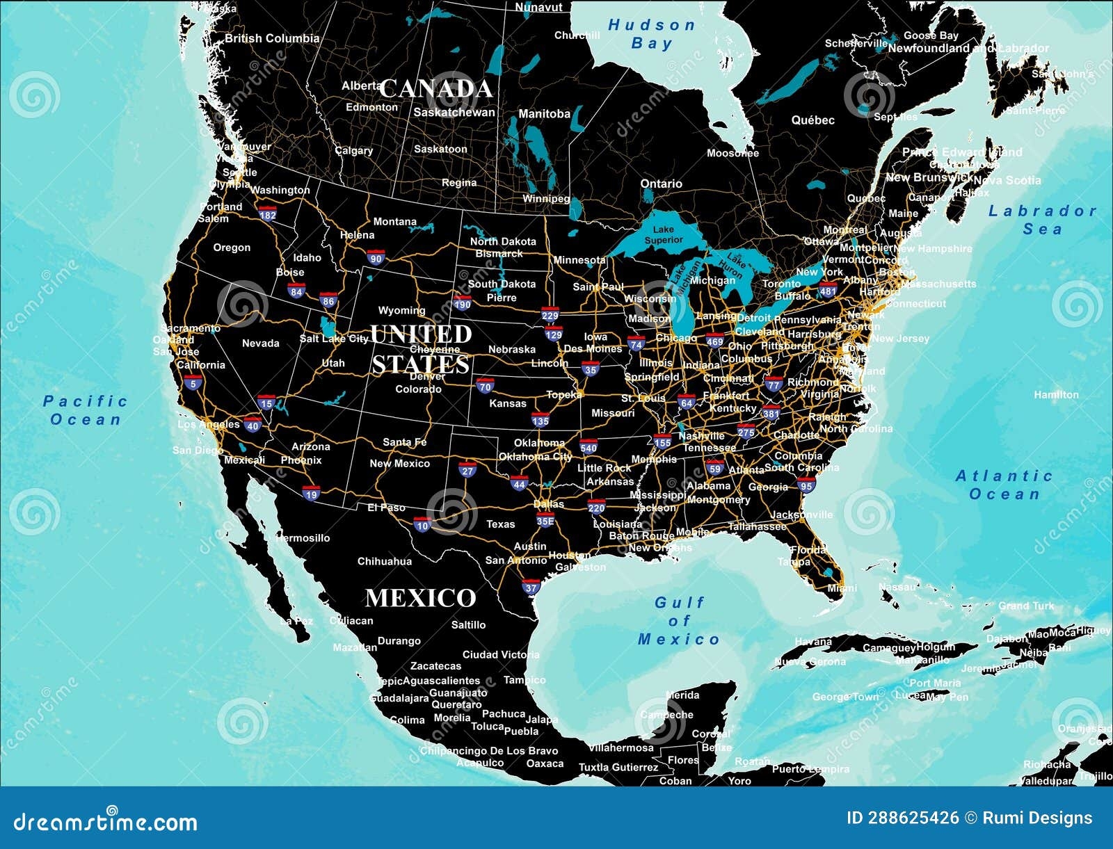 USA America Detailed Roads And Water Bodies Map Dark Version Stock Illustration Illustration Of Pattern Detailed 288625426