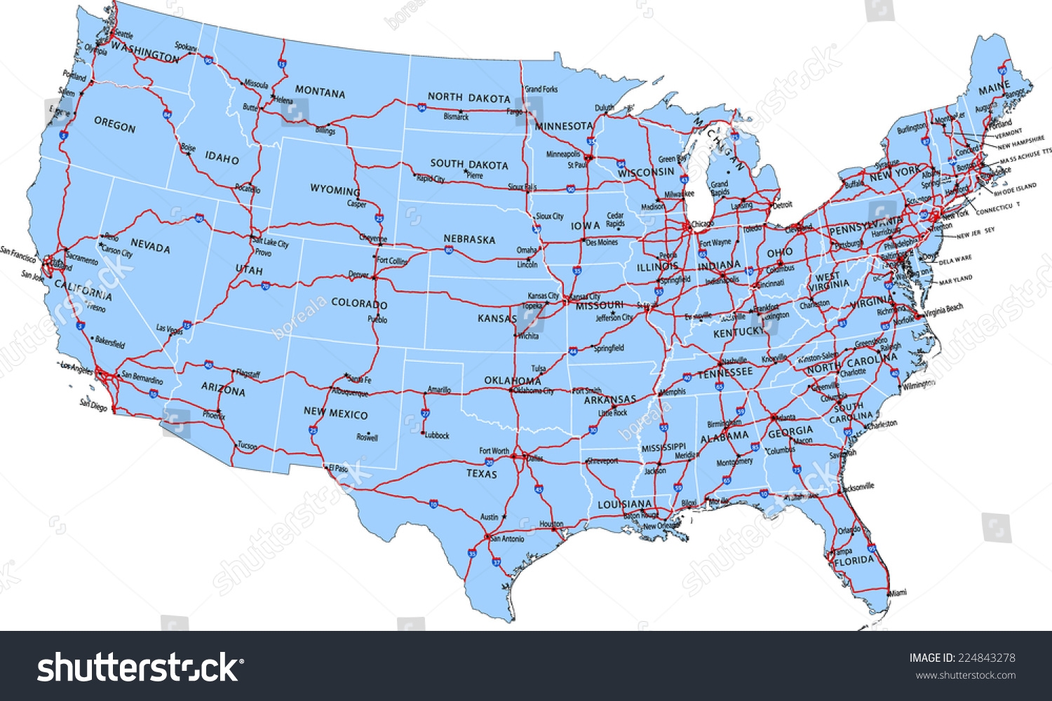 Usa Highway Map Stock Vector Royalty Free 224843278 Shutterstock
