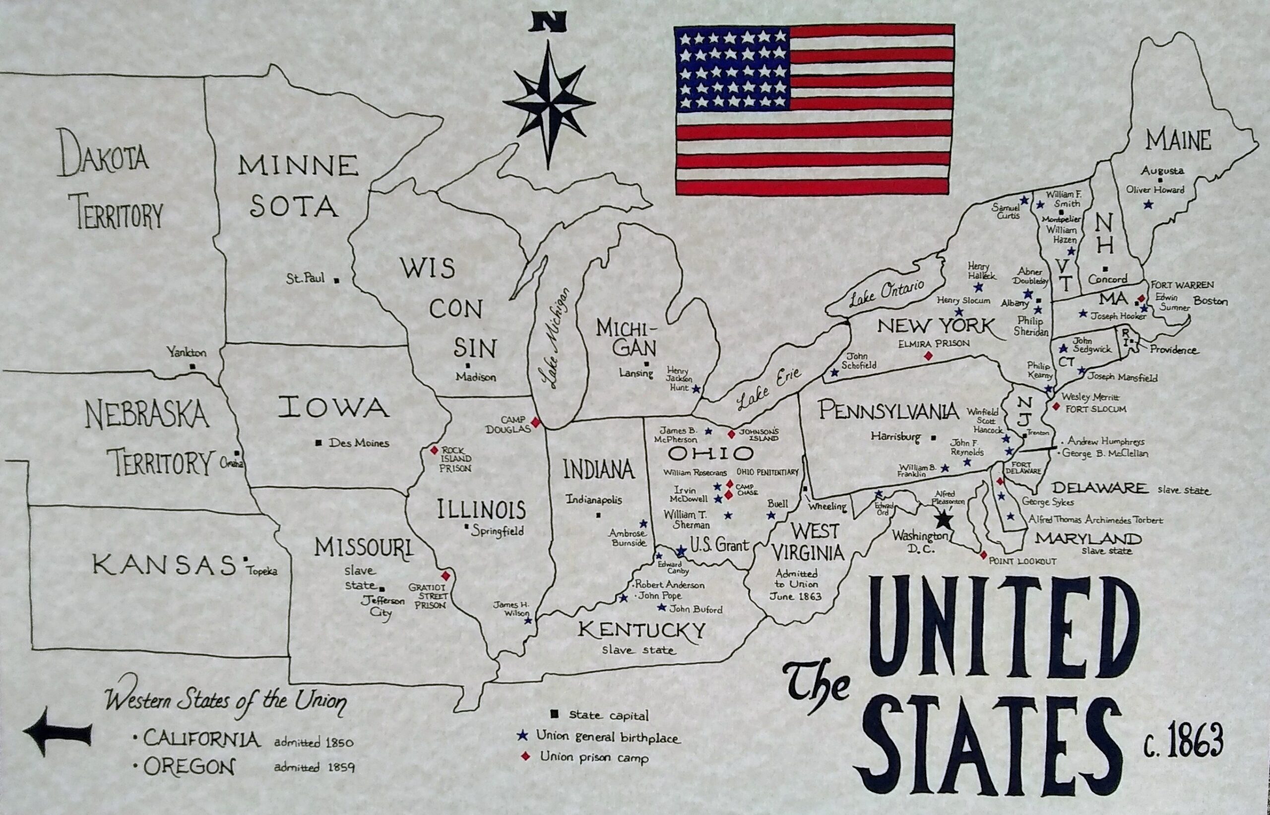 USA Map 1863 Union States Etsy