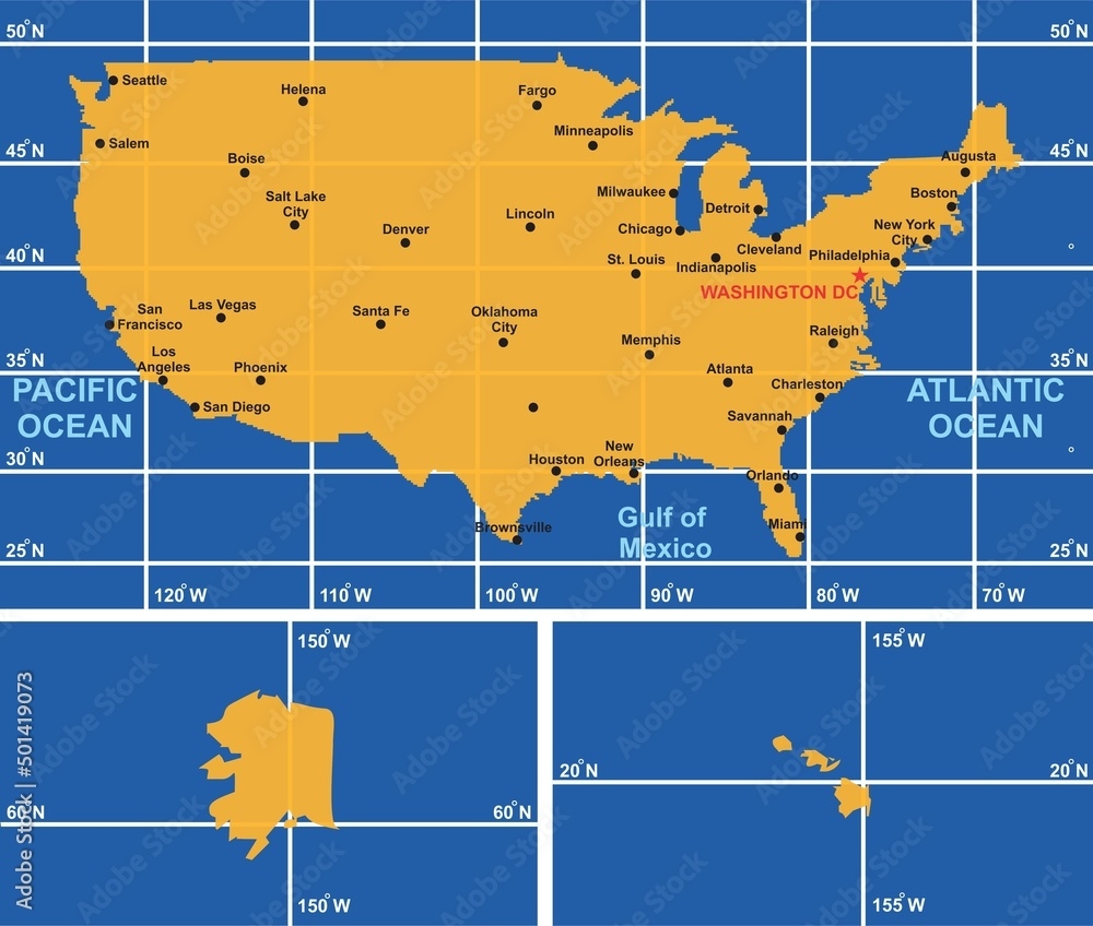 USA Map Infographic Diagram With All Surrounding Oceans Main Cities Longitude And Latitude Lines United States Of America Border US Capital American Islands Territory Vector Illustration Geography Stock Vector Adobe Stock