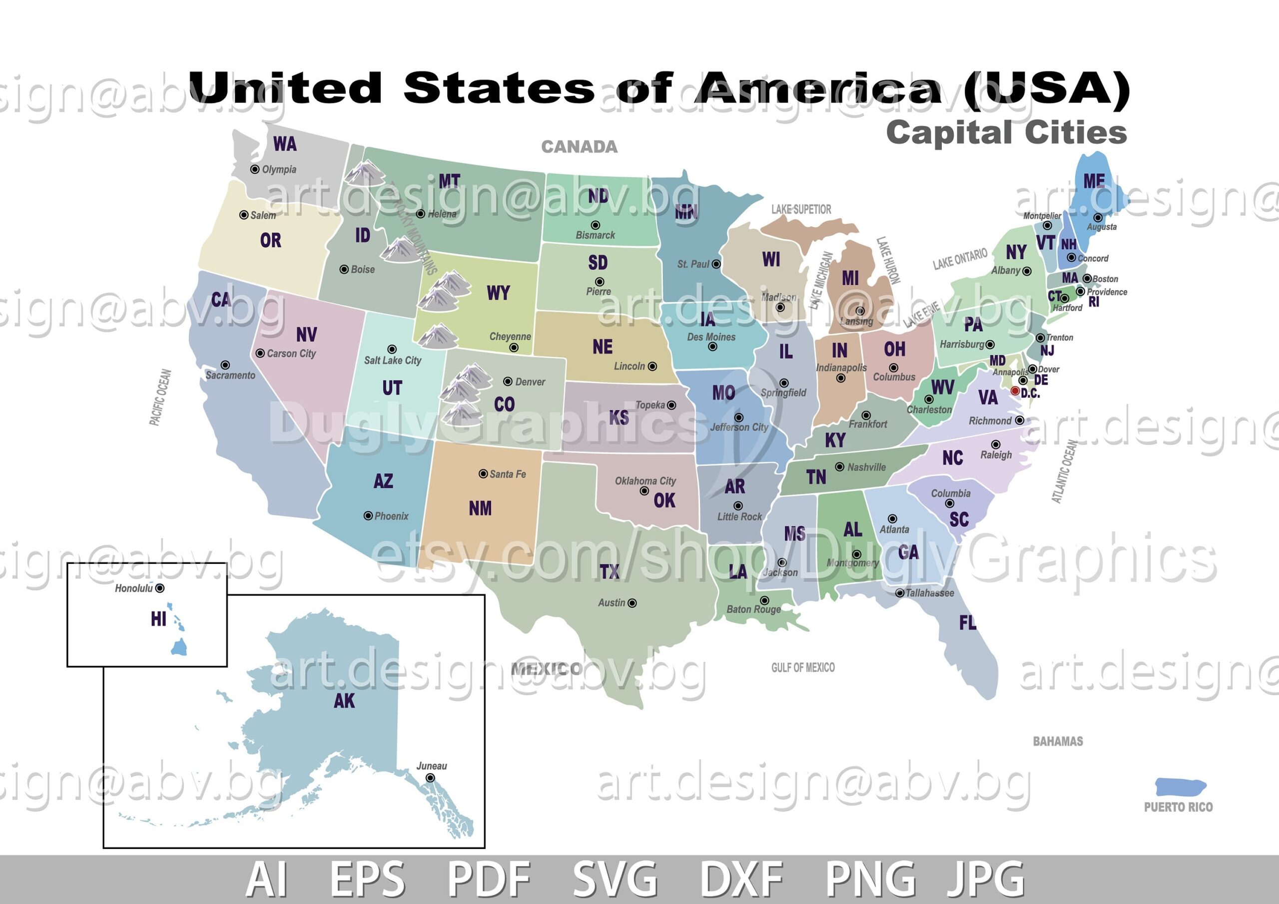USA State Capital Map Vector Graphic digital Download Etsy